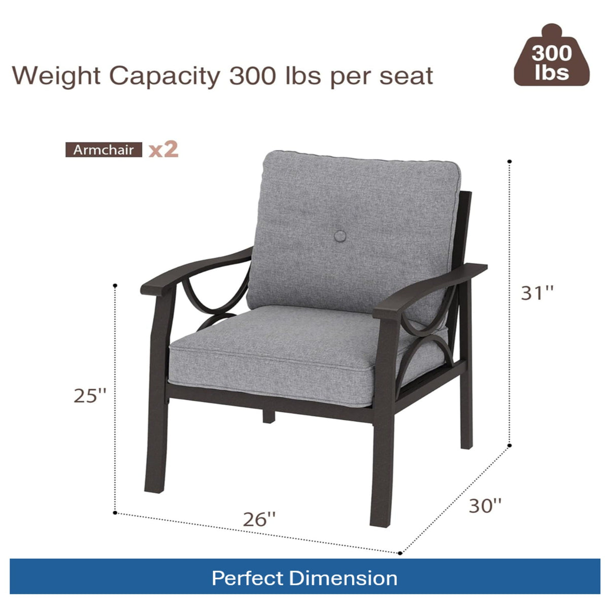 Set of 2 All-Weather Metal Armchairs, Khaki Frame