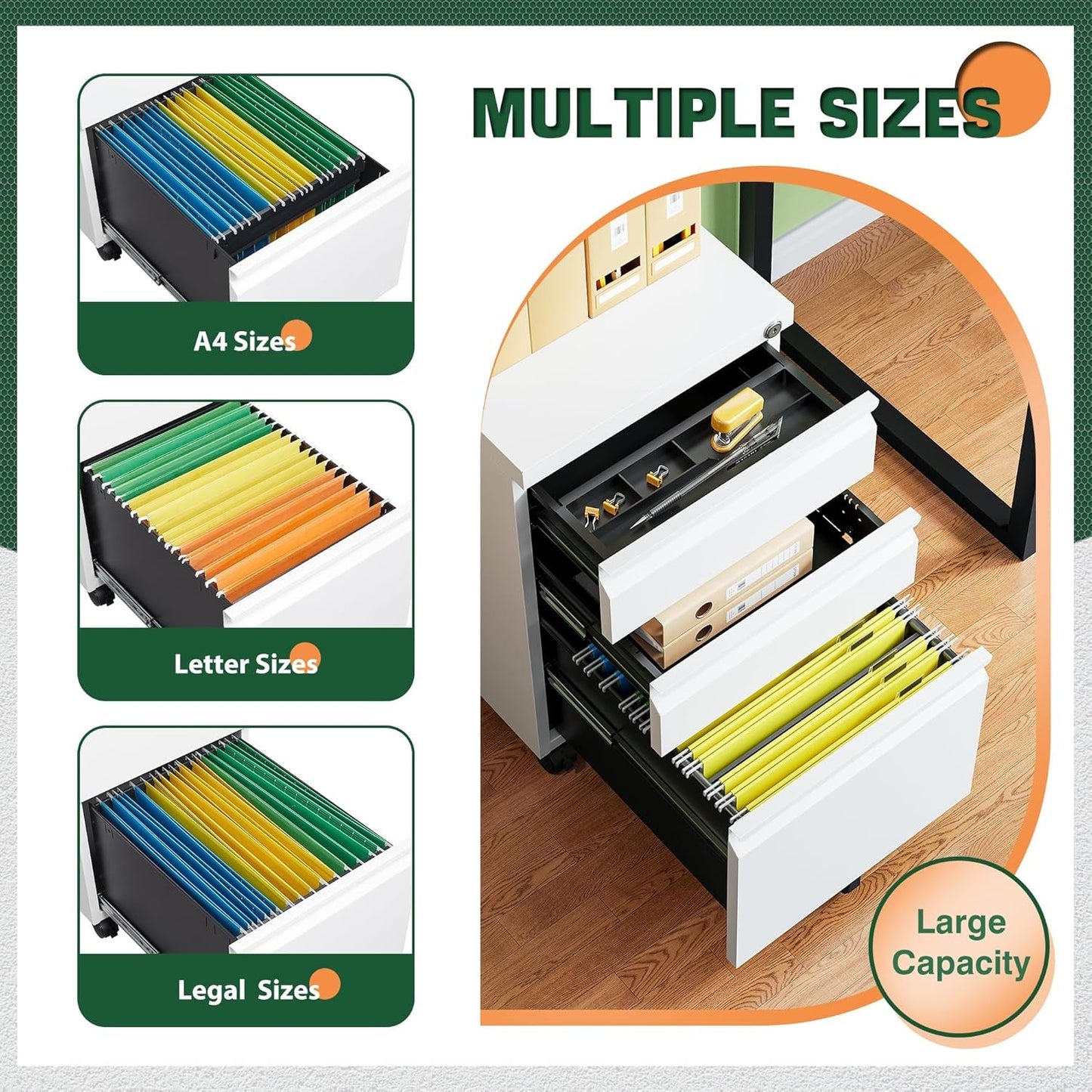 3 Drawer Mobile File Cabinet With Lock Under Desk Filing Cabinet For Home Office