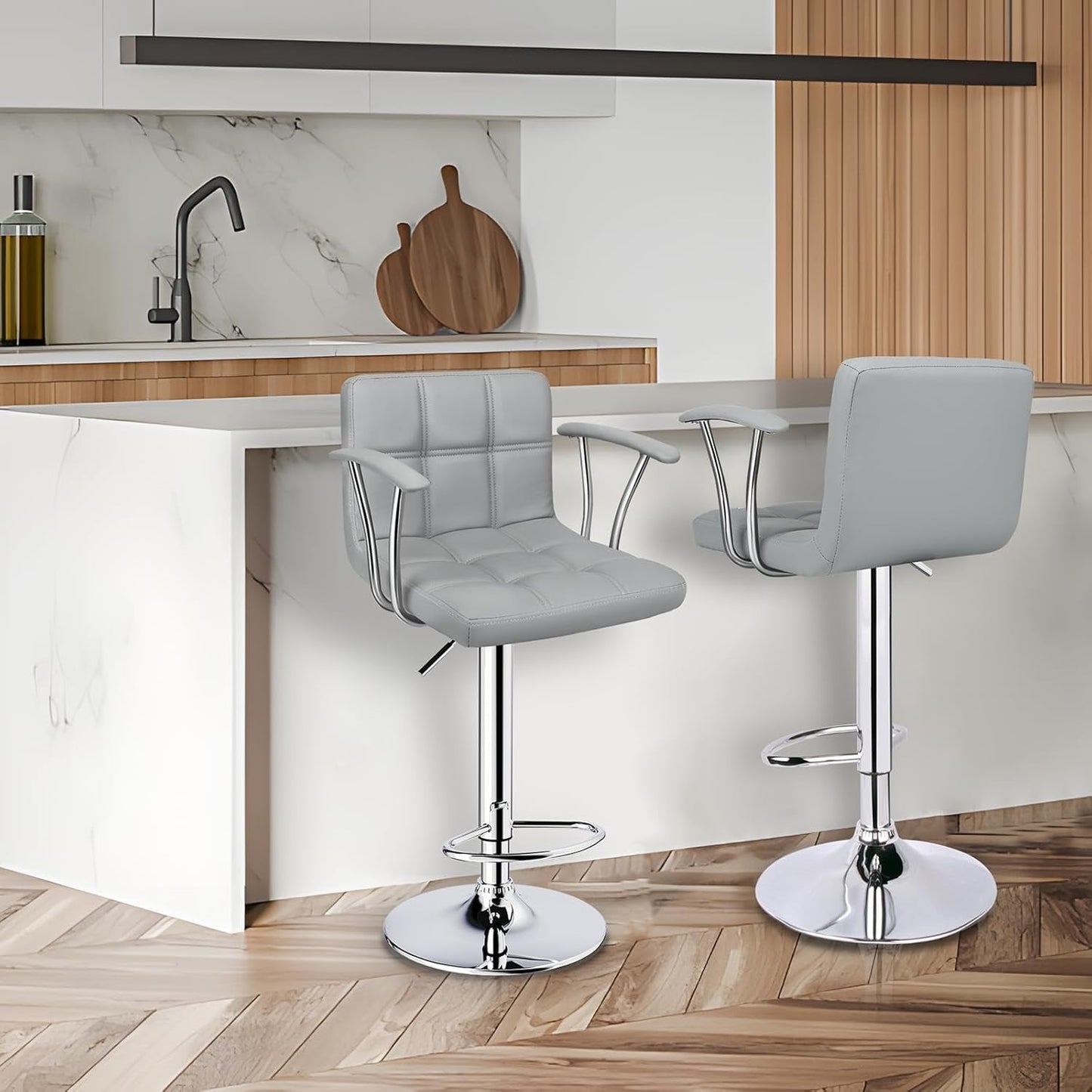 Counter Height Bar Stools Set 2 Armrest Swivel Leather Grey