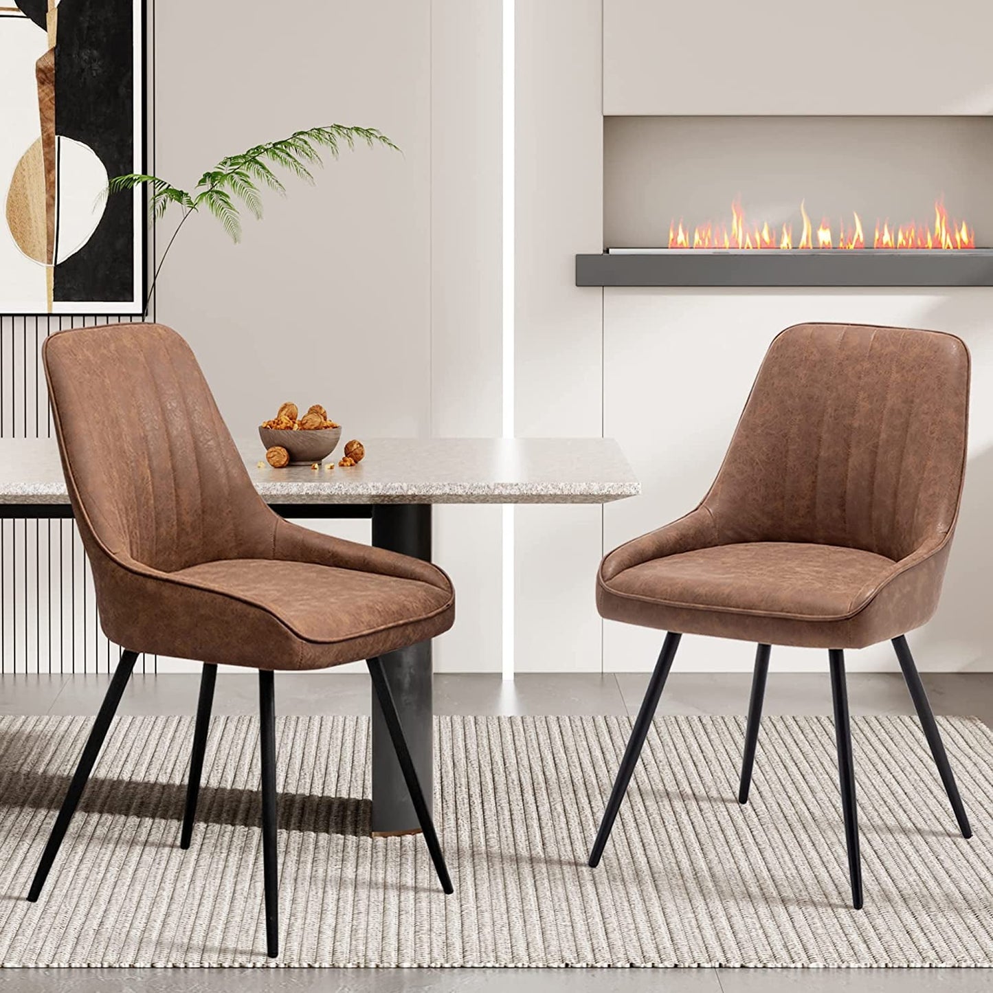 Two Brown Faux Leather Mid Century Modern Dining Chairs