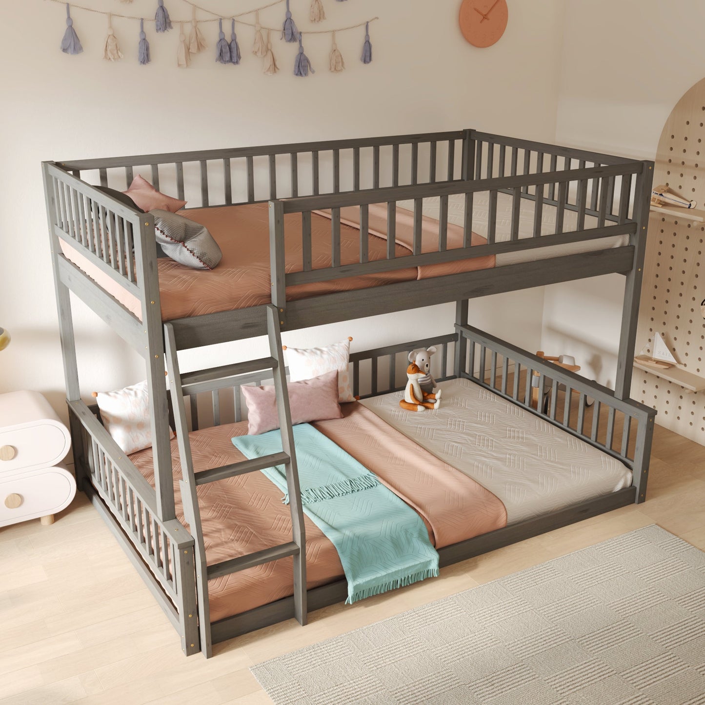 Full XL Over Queen Bunk Bed with Ladder and Guardrails