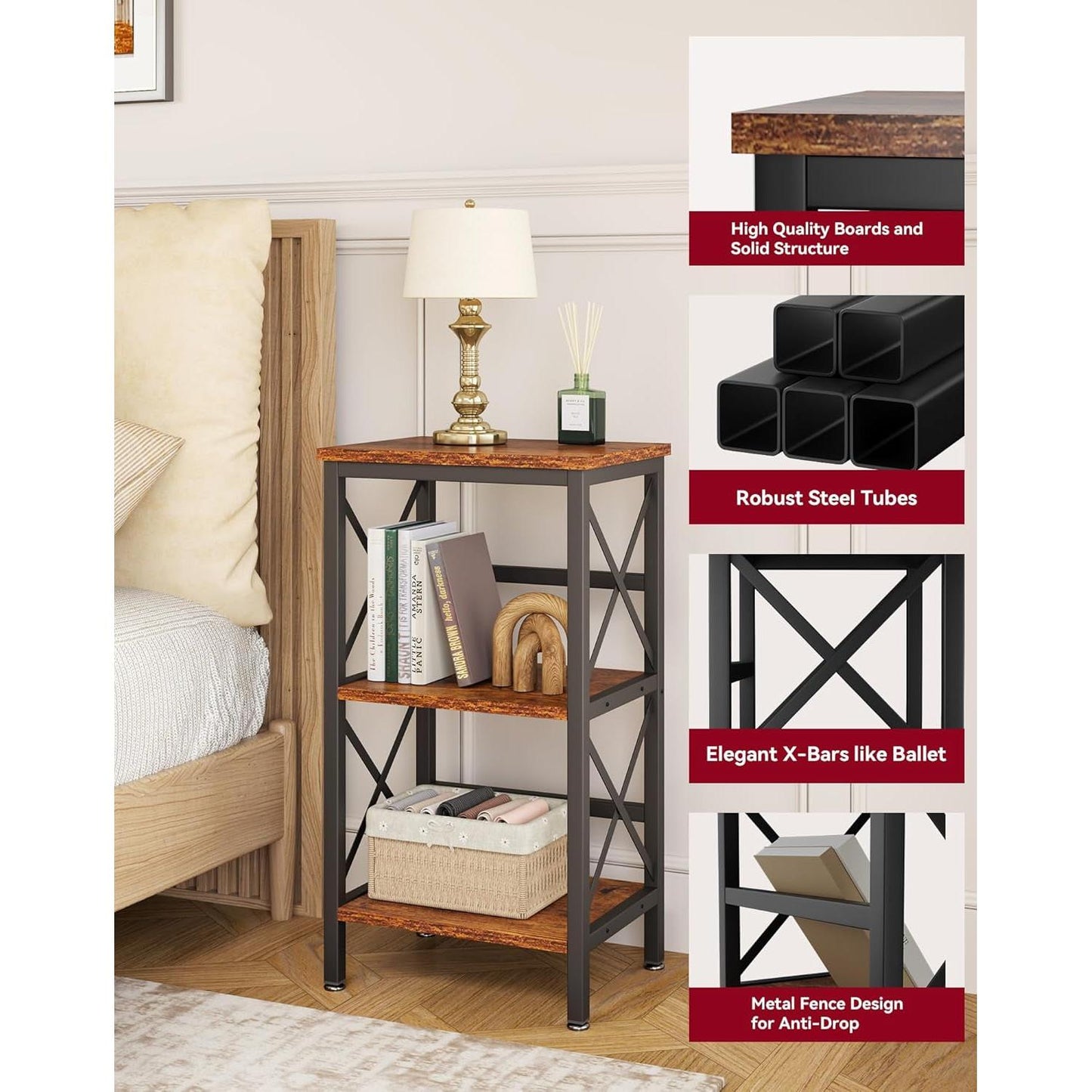 3 Tier Bookcase Industrial Metal Bookshelf With Side Fence in Rustic Brown Living Room Storage Display