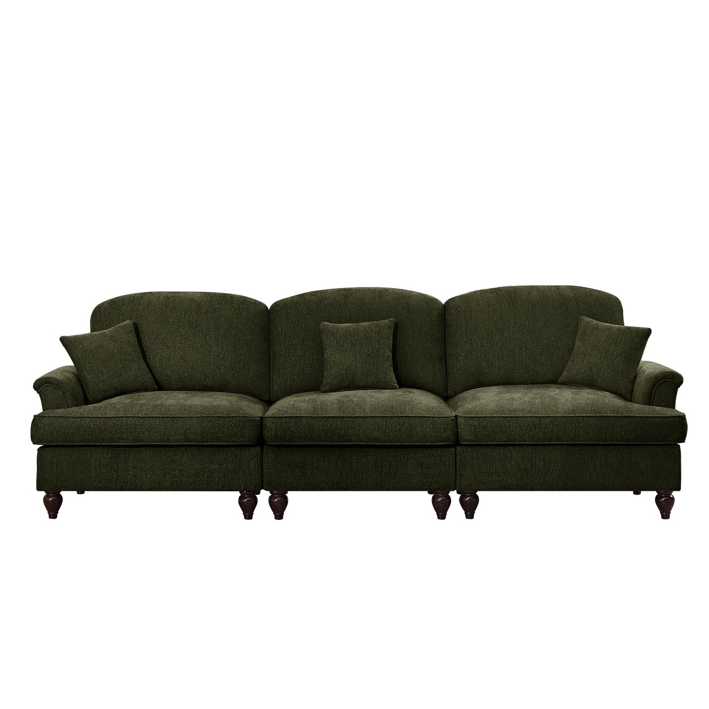 Elegant Mid Century Large 3 Seater Sofa Couch with Flared Arms and Removable Ruffles Pleats Skirts and Spindle Legs, Comfy Chenille Three-Seat Sofa for Living Room, Green