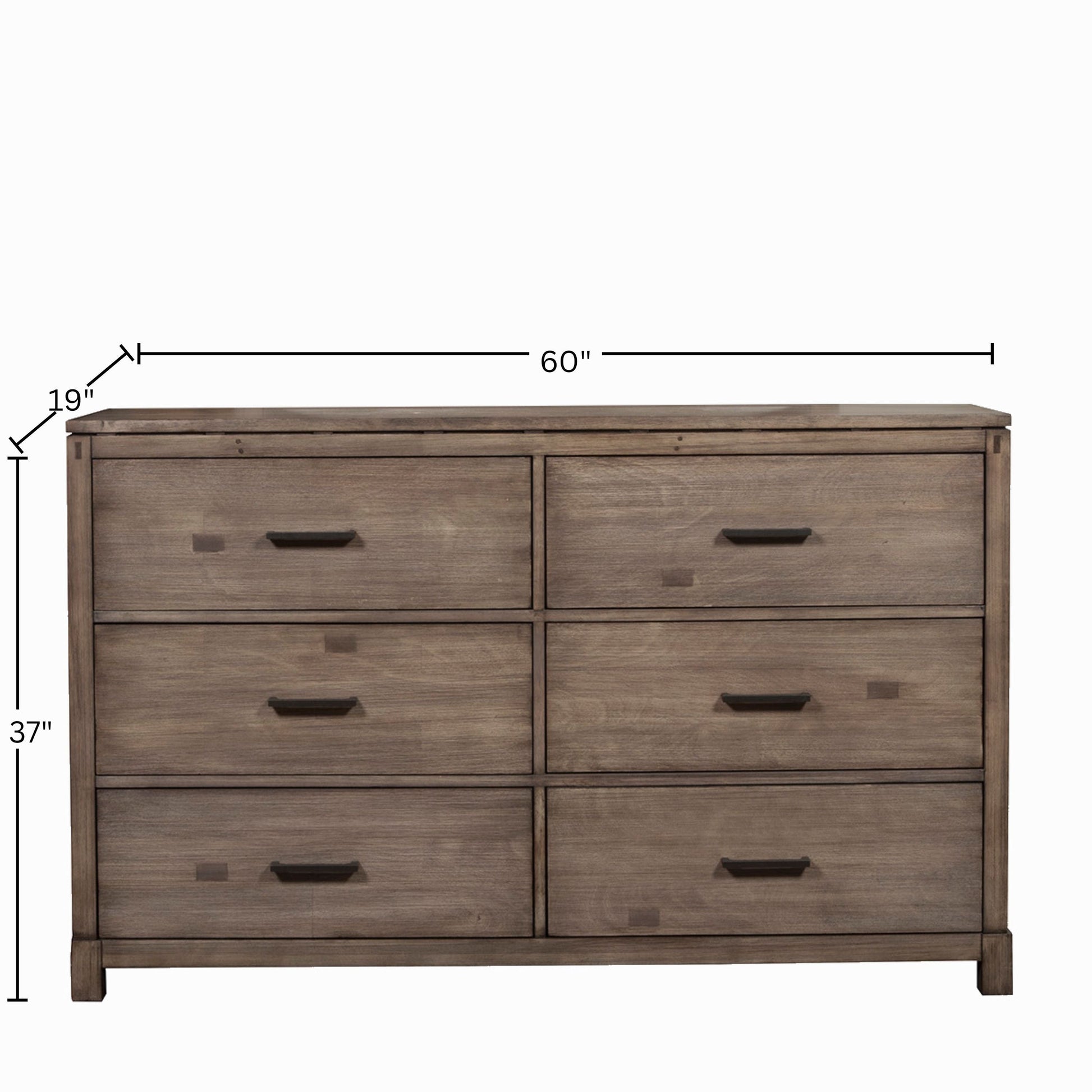 Sydney Dresser in Weathered Grey, showcasing 6 drawers and clean-lined metropolitan design with dimensions.