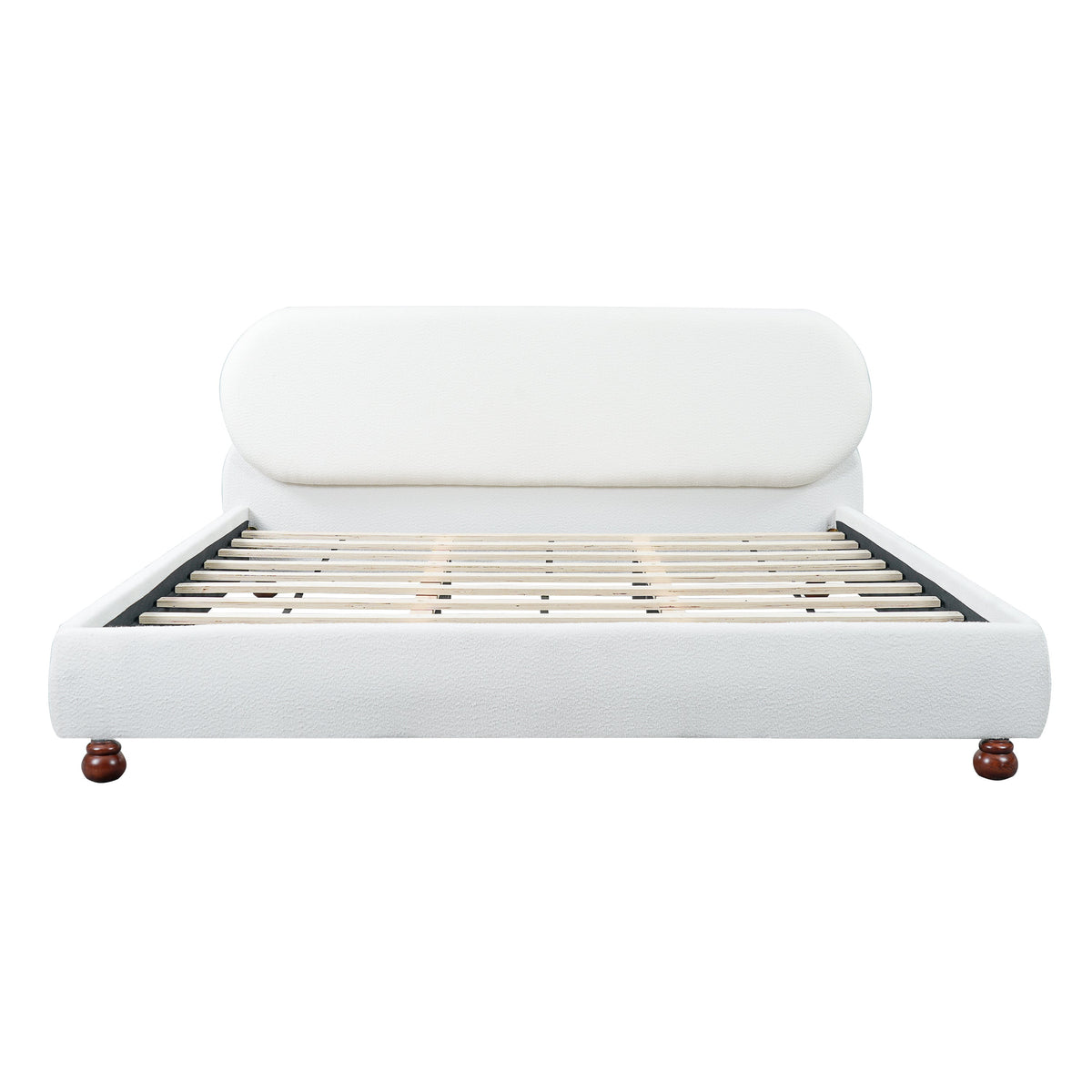 Cream-Colored Boucle Upholstered Bed with Rubber Wood Foot - King