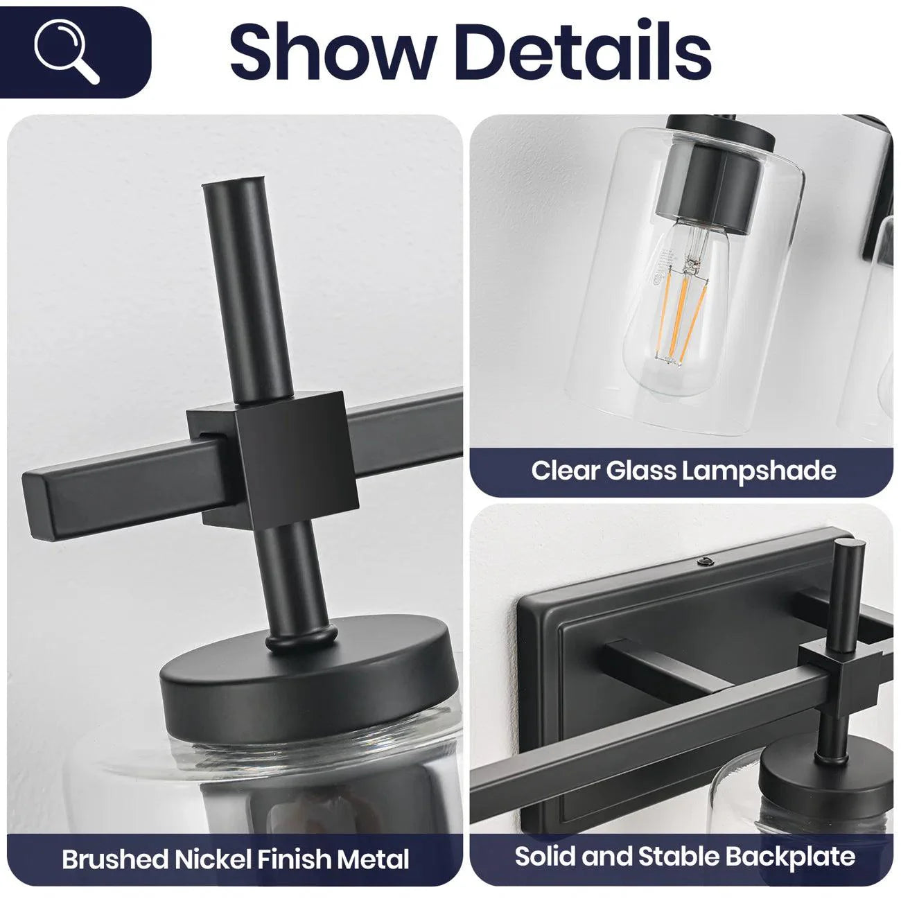 Jasper 3-Light Modern Clear Glass Bathroom Vanity Light, Black & Nickel