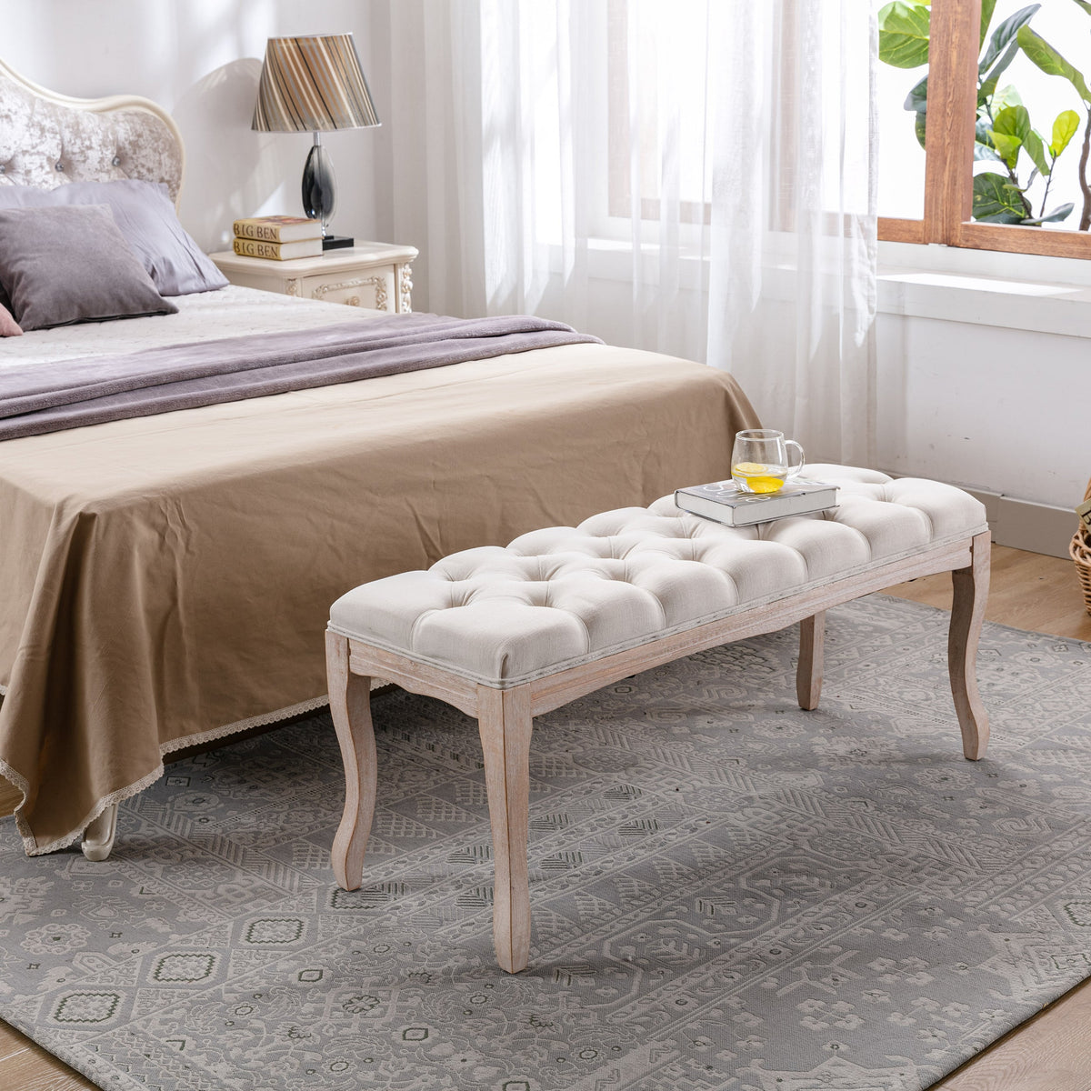 French Vintage Tufted Entryway Bench