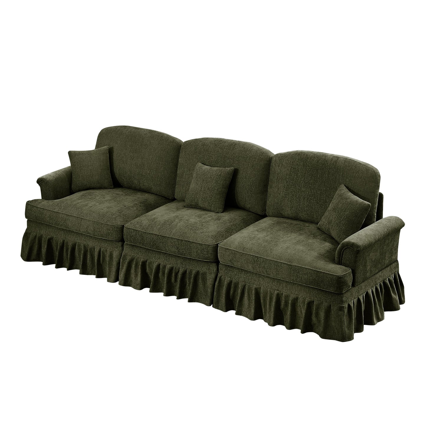 Elegant Mid Century Large 3 Seater Sofa Couch with Flared Arms and Removable Ruffles Pleats Skirts and Spindle Legs, Comfy Chenille Three-Seat Sofa for Living Room, Green