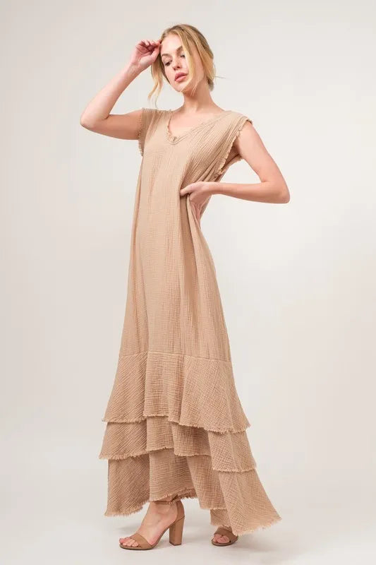 And The Why Washed Cotton Gauze Fringe Detail Tiered Dress