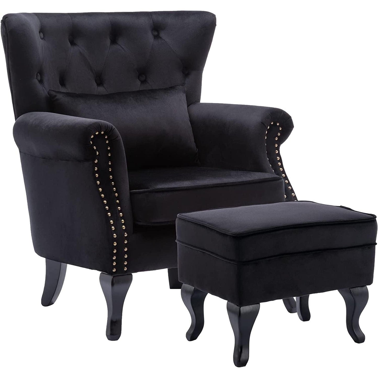 Elegant Black Velvet Wingback Chair With Ottoman Set, featuring luxurious velvet upholstery and decorative nailhead trim.