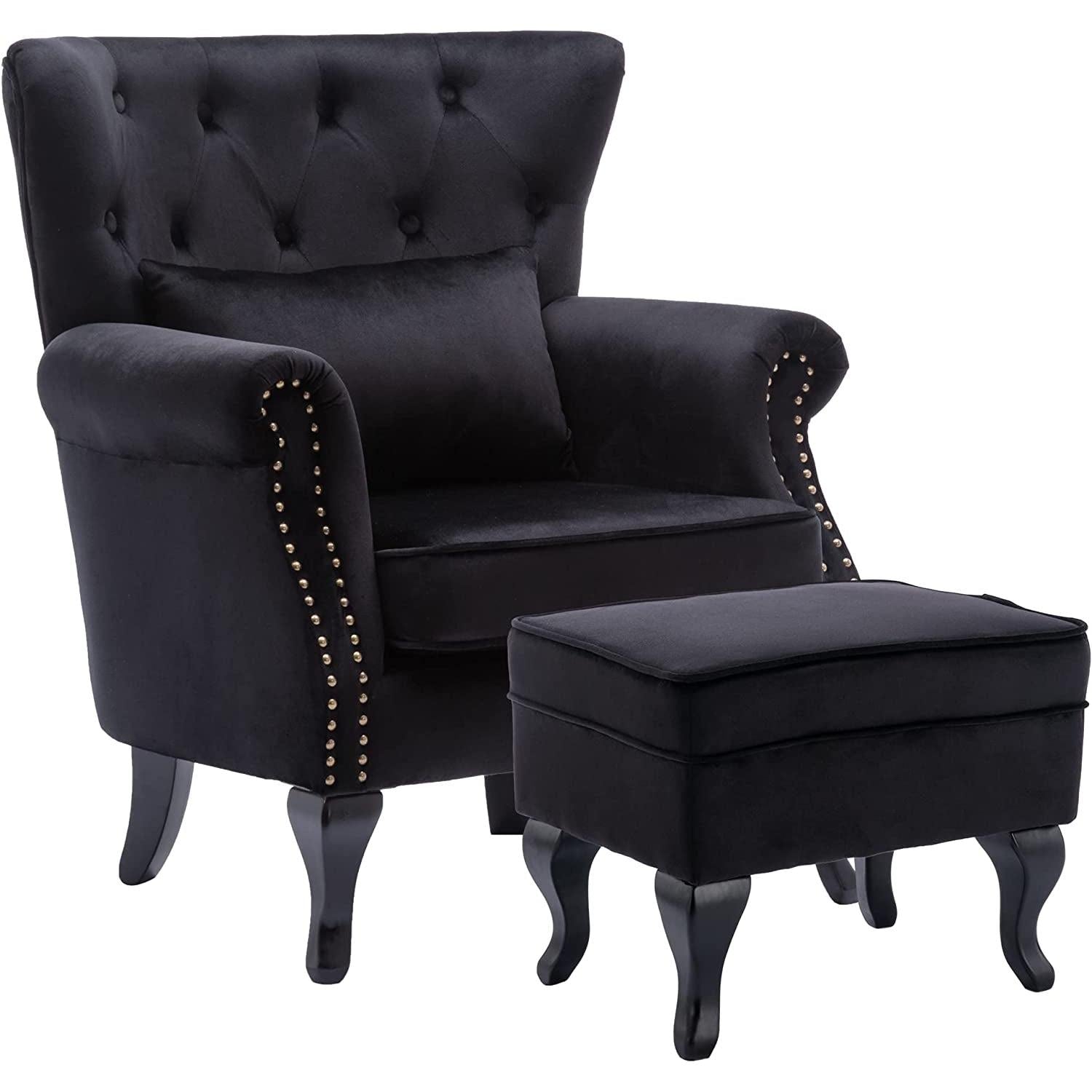 Elegant Black Velvet Wingback Chair With Ottoman Set, featuring luxurious velvet upholstery and decorative nailhead trim.