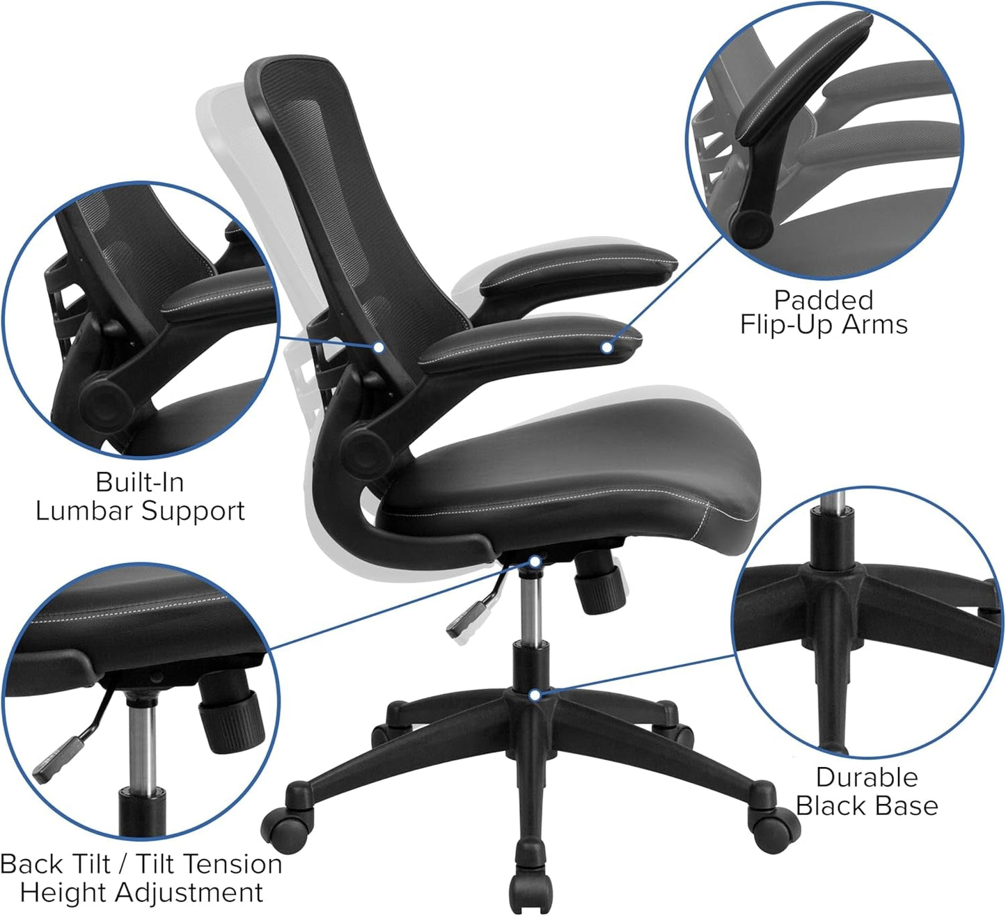 Kelista Mid-Back Ergonomic Office Chair With Adjustable Height, Black