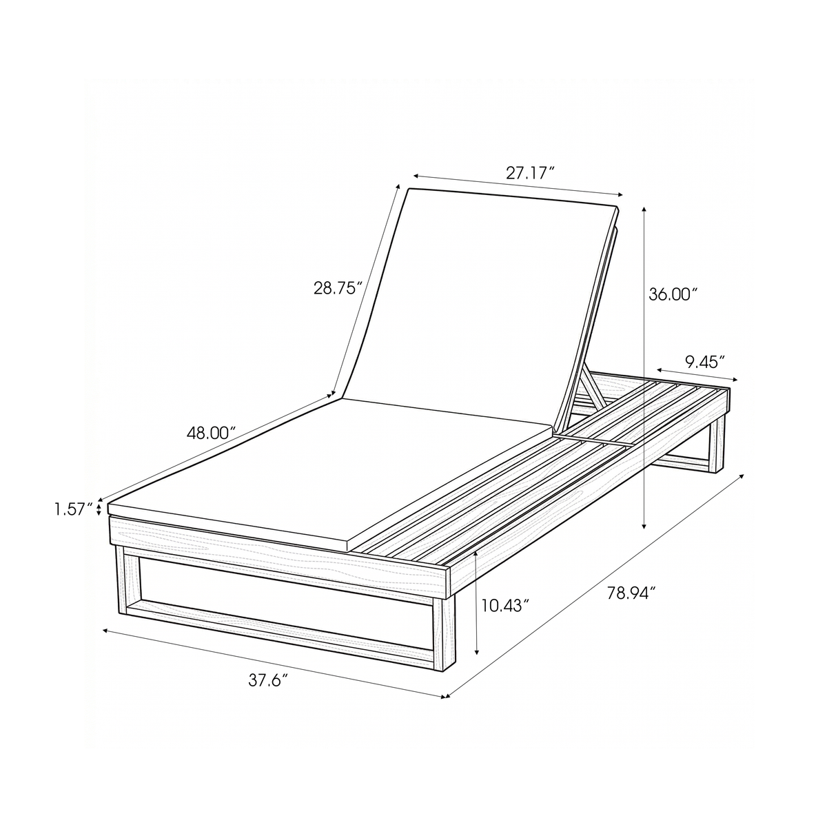 Black Acacia Wood Chaise Lounge with 1.57-Inch Cushion