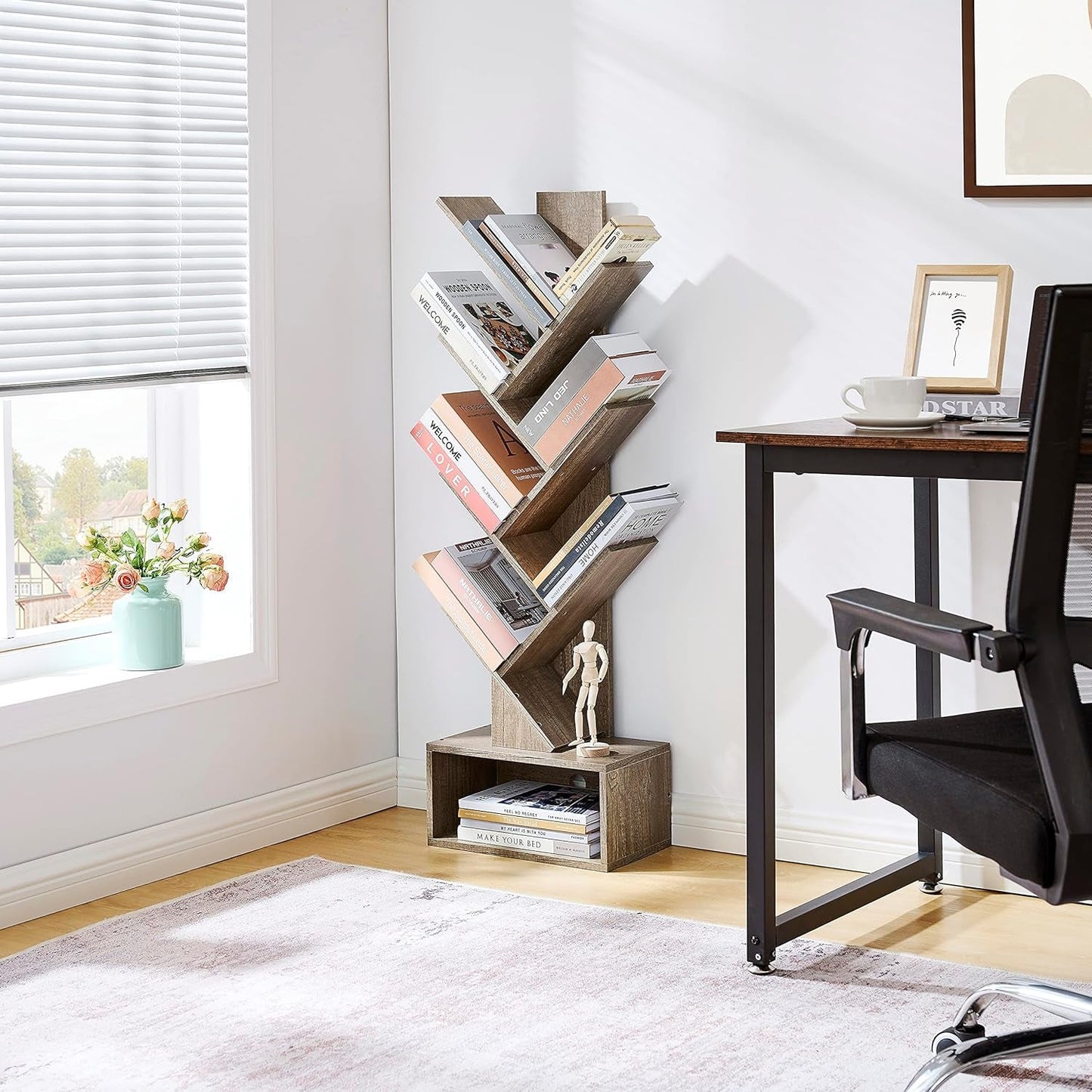 Tree Bookshelf 6 Tier Greige Freestanding Floor Display