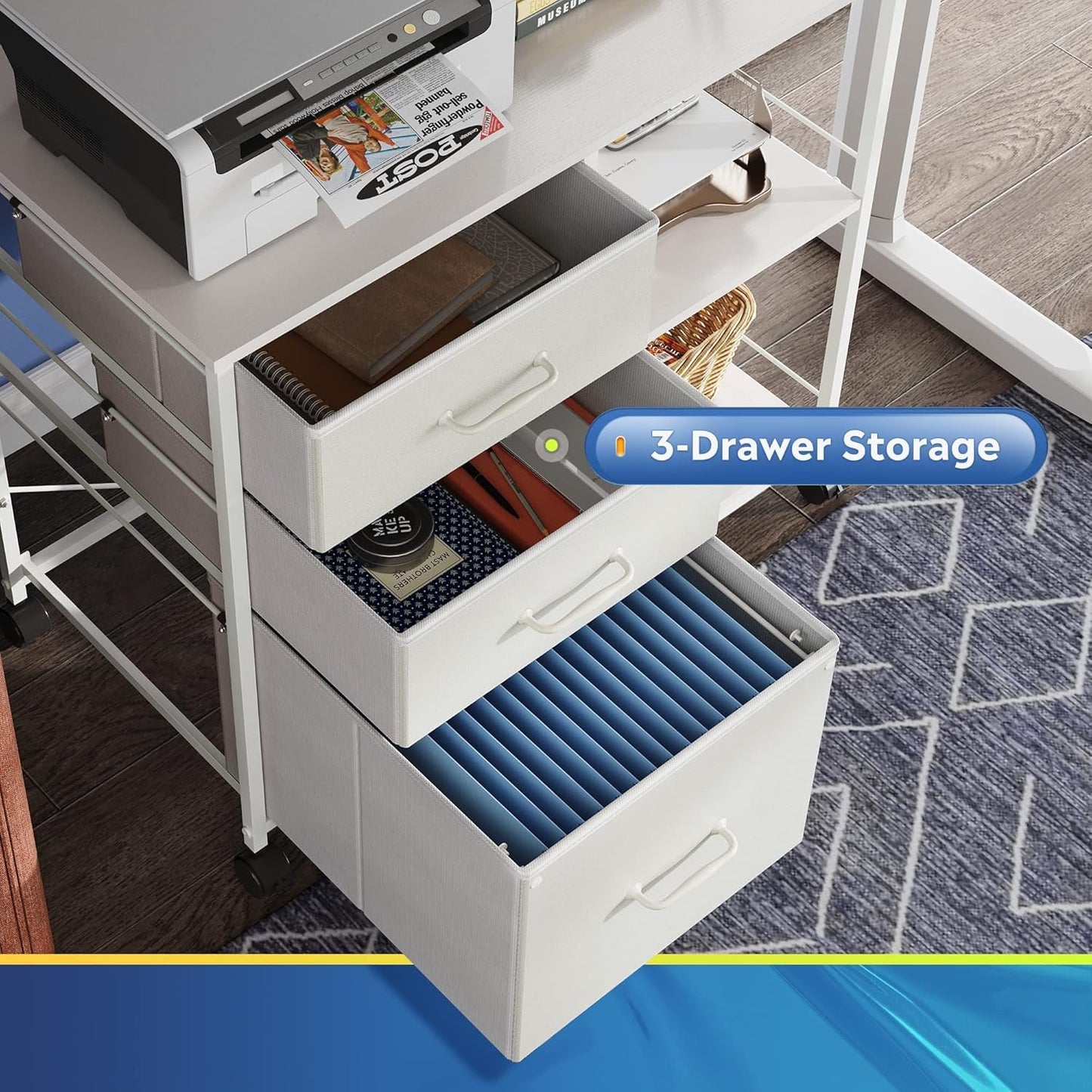 3 Drawer Mobile File Cabinet With Rolling Printer Stand And Open Storage Shelf White
