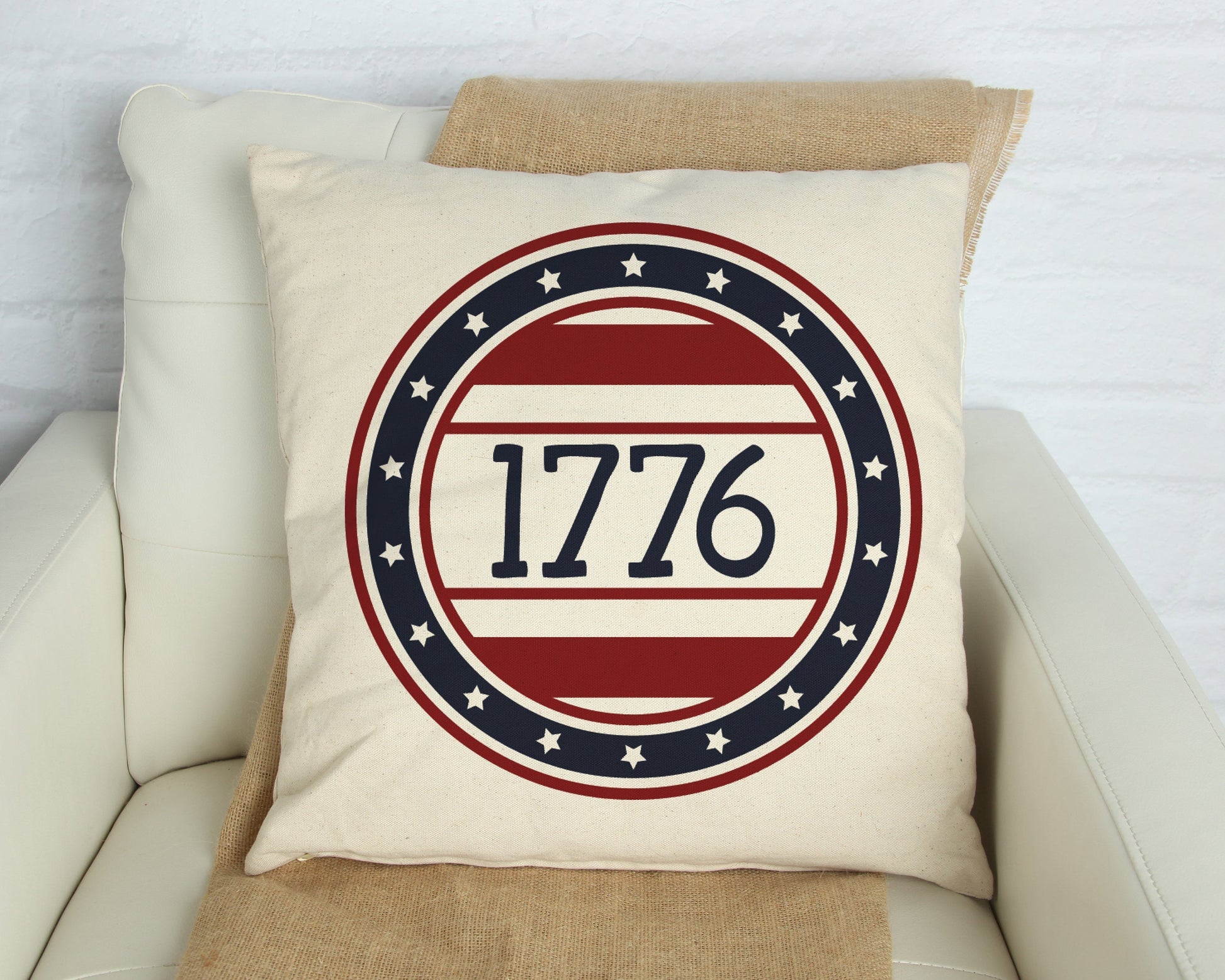 1776 Independence Day Pillow Cover 18x18 inch Fourth of July decorative cushion on a couch.