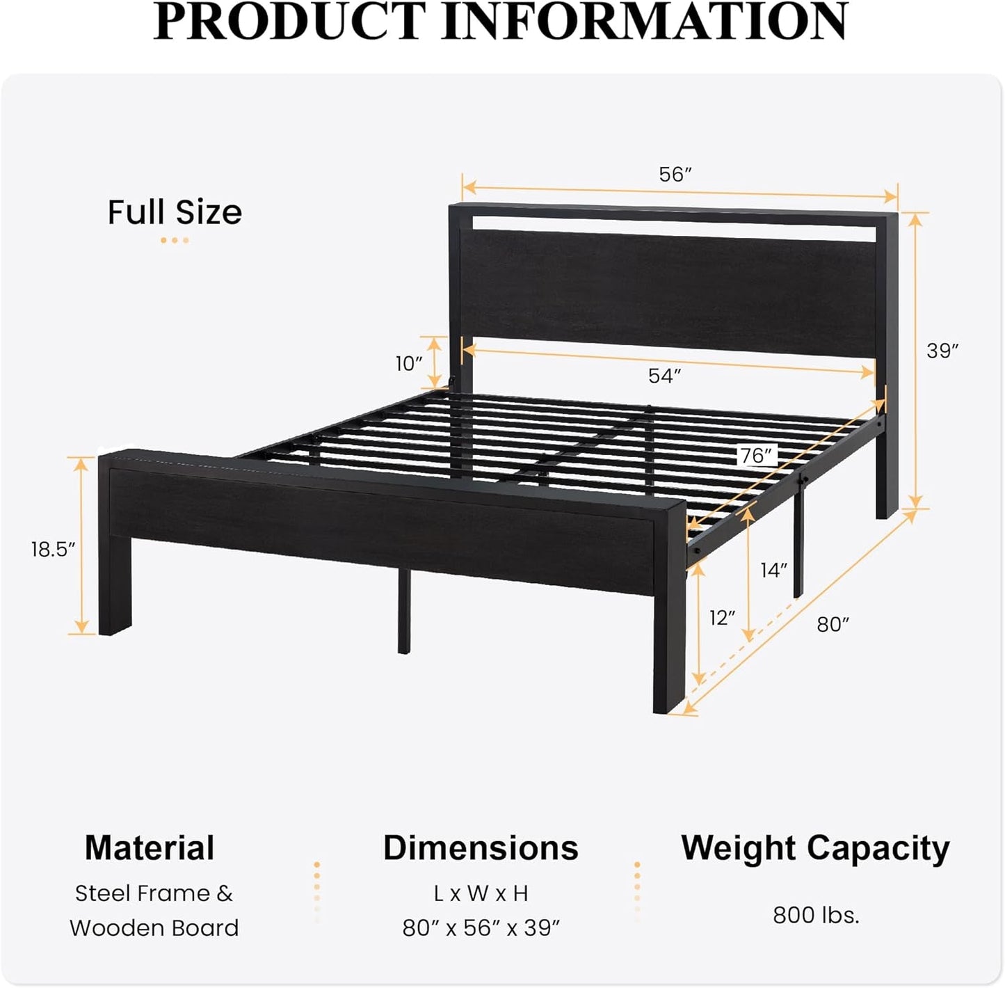 Sturdy Metal Platform Bed Frame With Wooden Headboard 800Lb