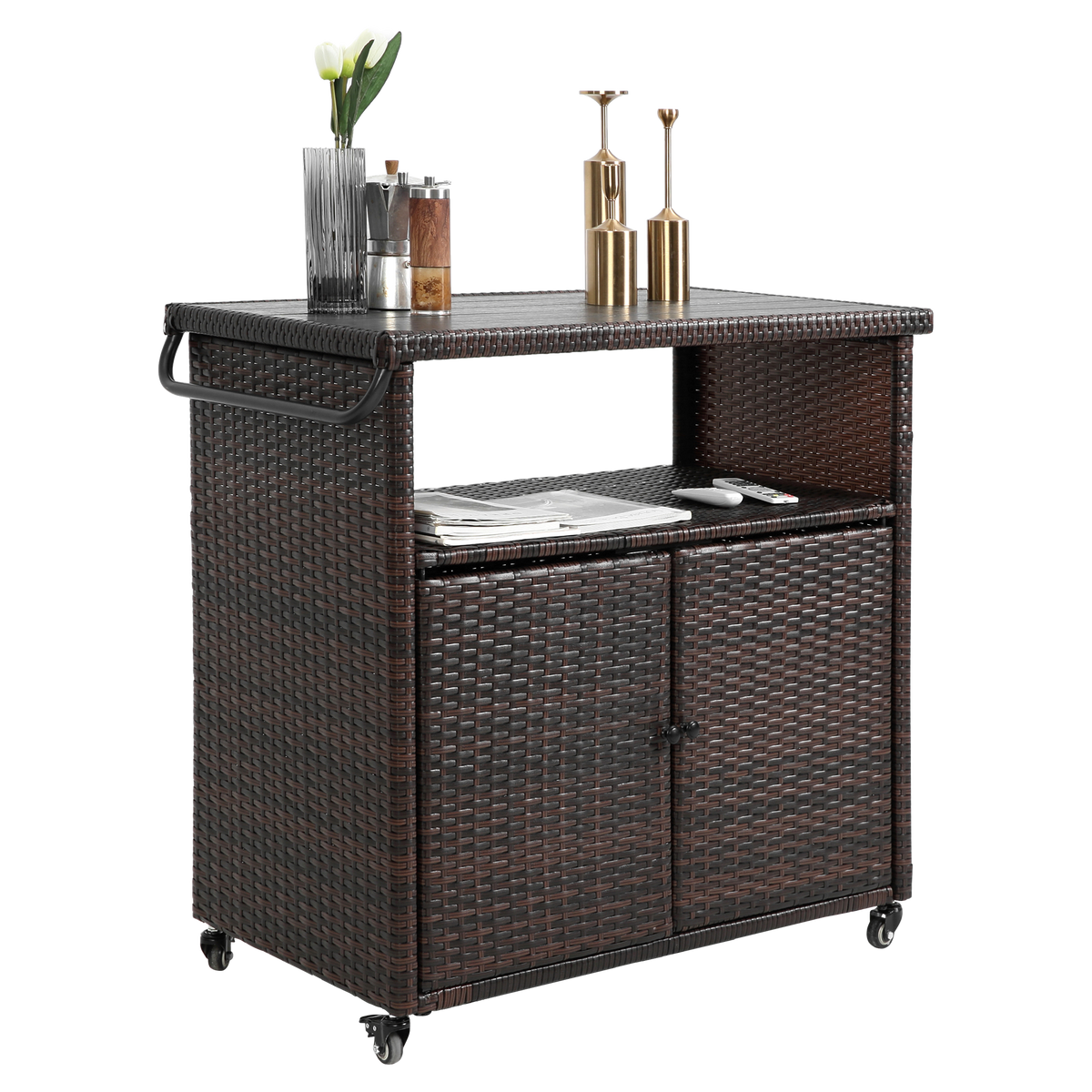 Outdoor Wicker Bar Cart, Patio Wine Serving Cart