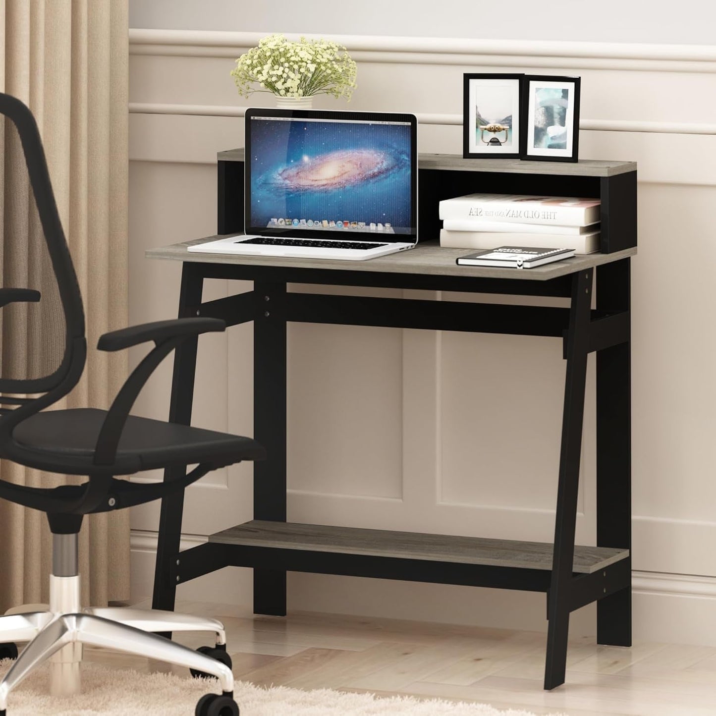 A Frame Computer Desk With Hutch In Black And Oak Grey