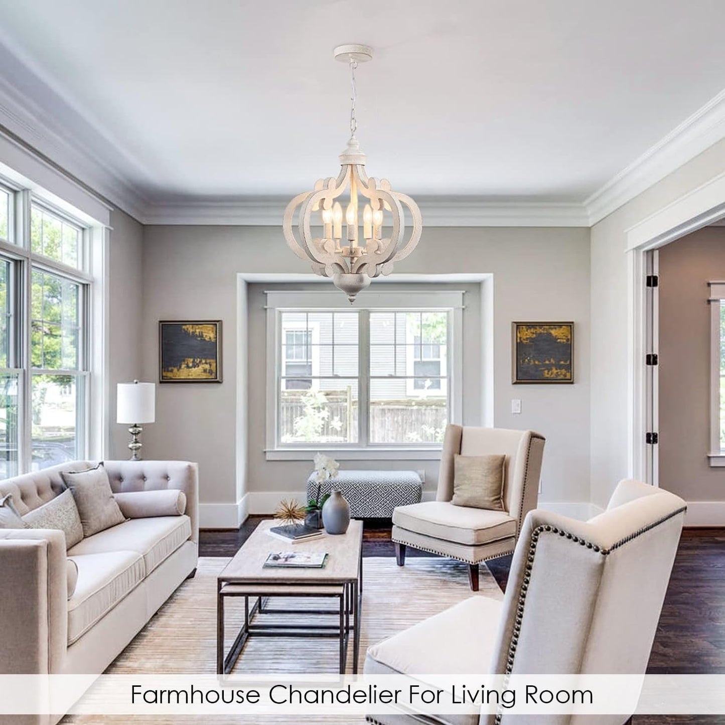 Wooden Farmhouse Chandelier Distressed White Five Lights