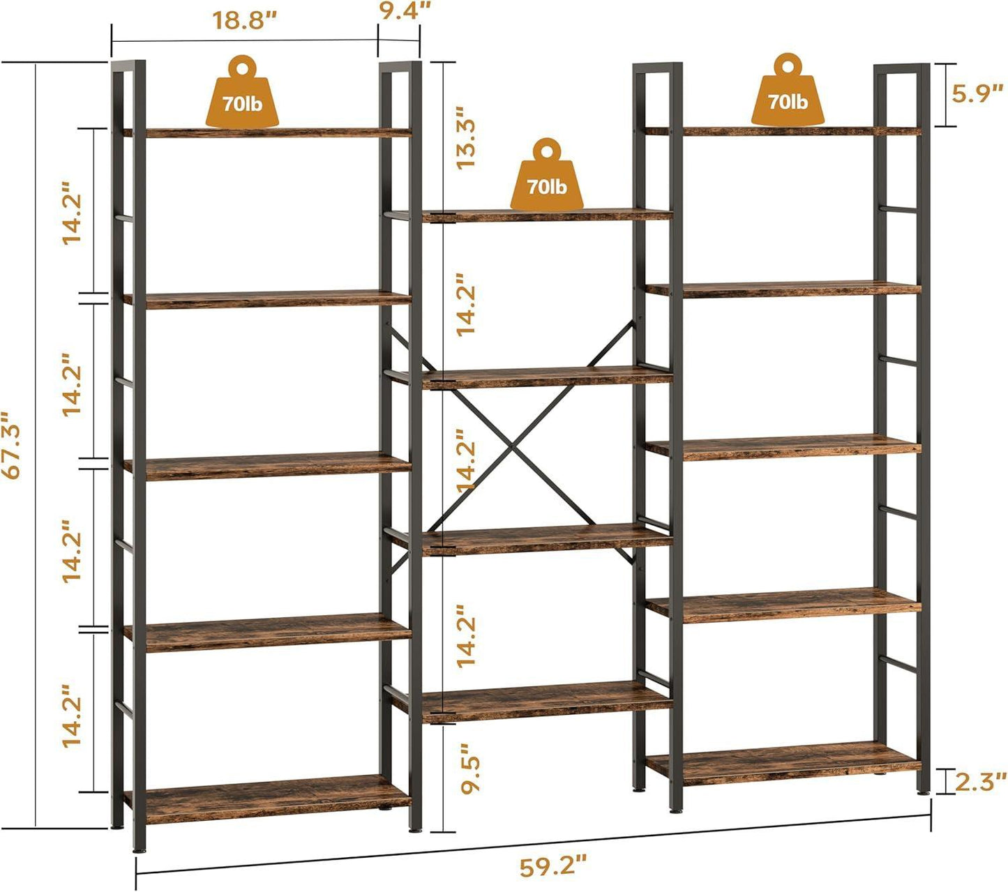 Rustic Brown Large Five Tier Bookshelf With Steel Frame