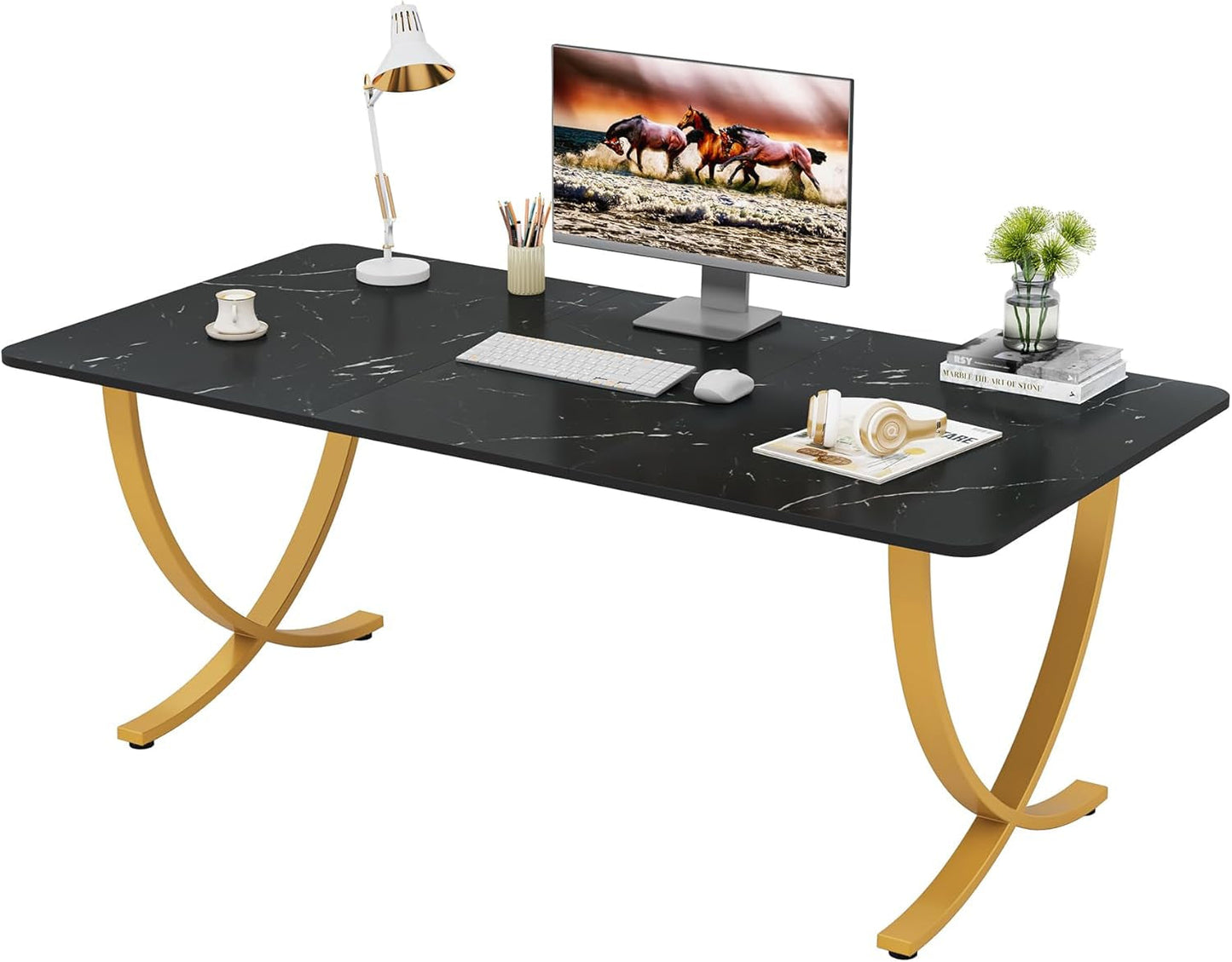 Executive Desk 63 Inch Wide Black And Gold Office Desk