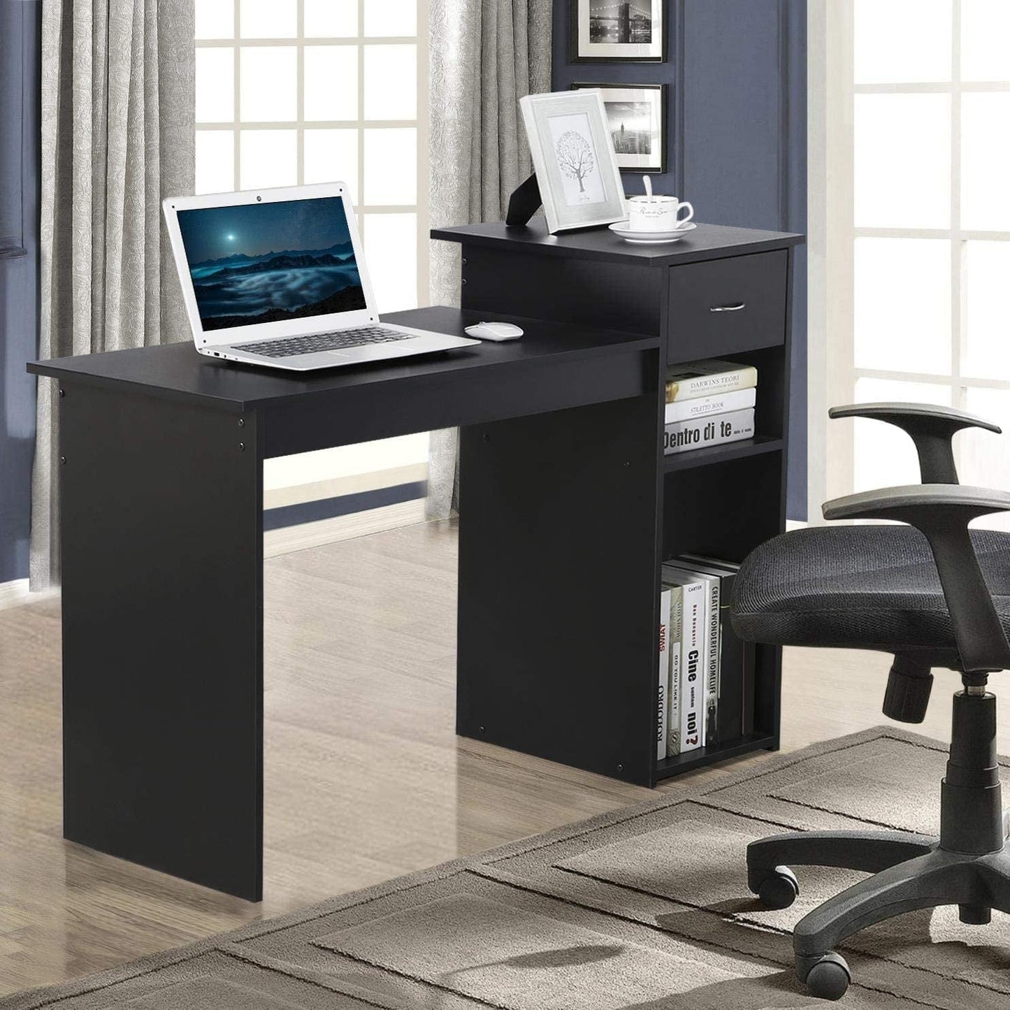 Black Wooden Computer Desk With Storage Drawer Cpu Stand