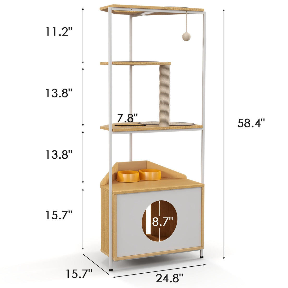 Corner Cat Tower with Feeding Station and Climbing Platforms