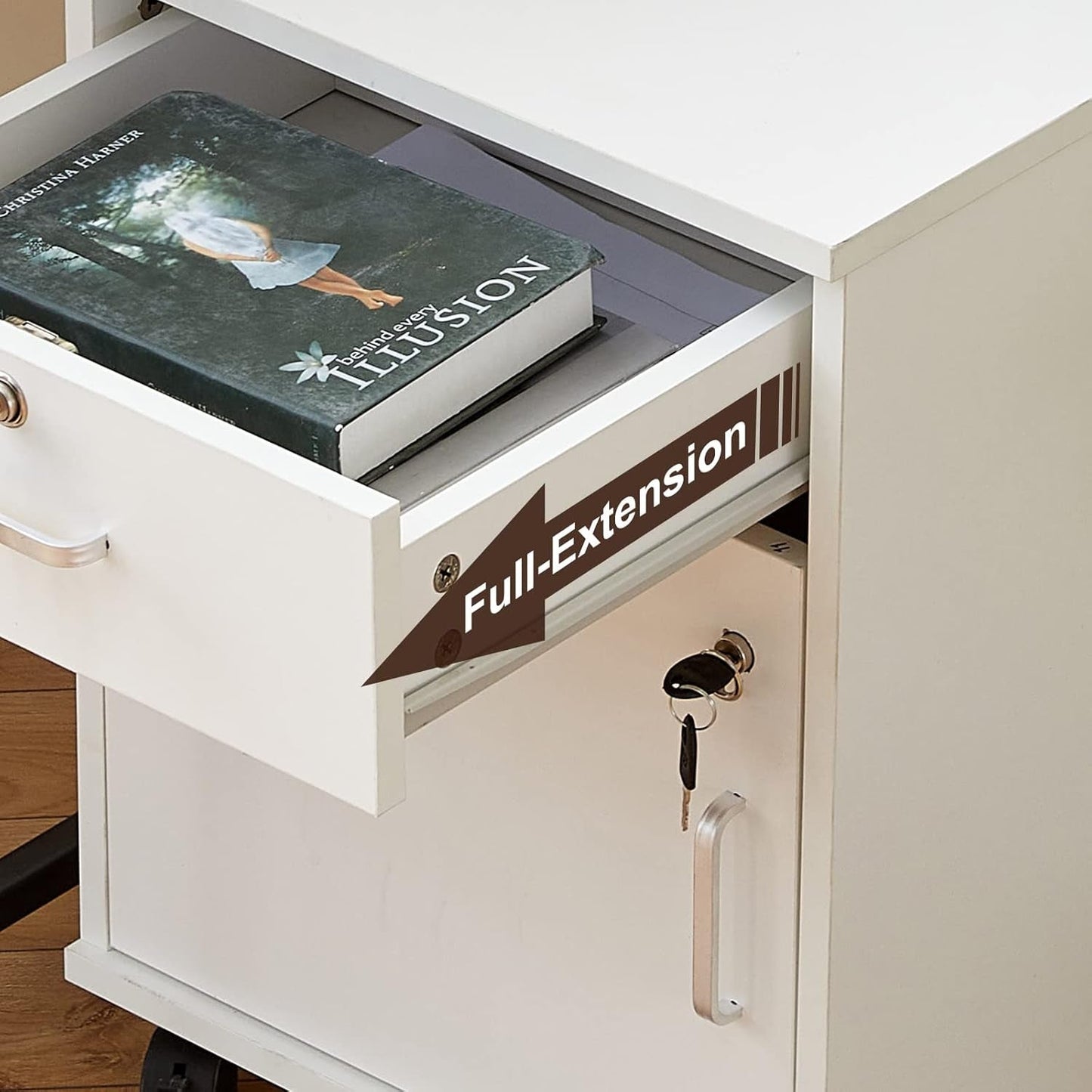 White Mobile File Cabinet With Lockable Drawer And Door