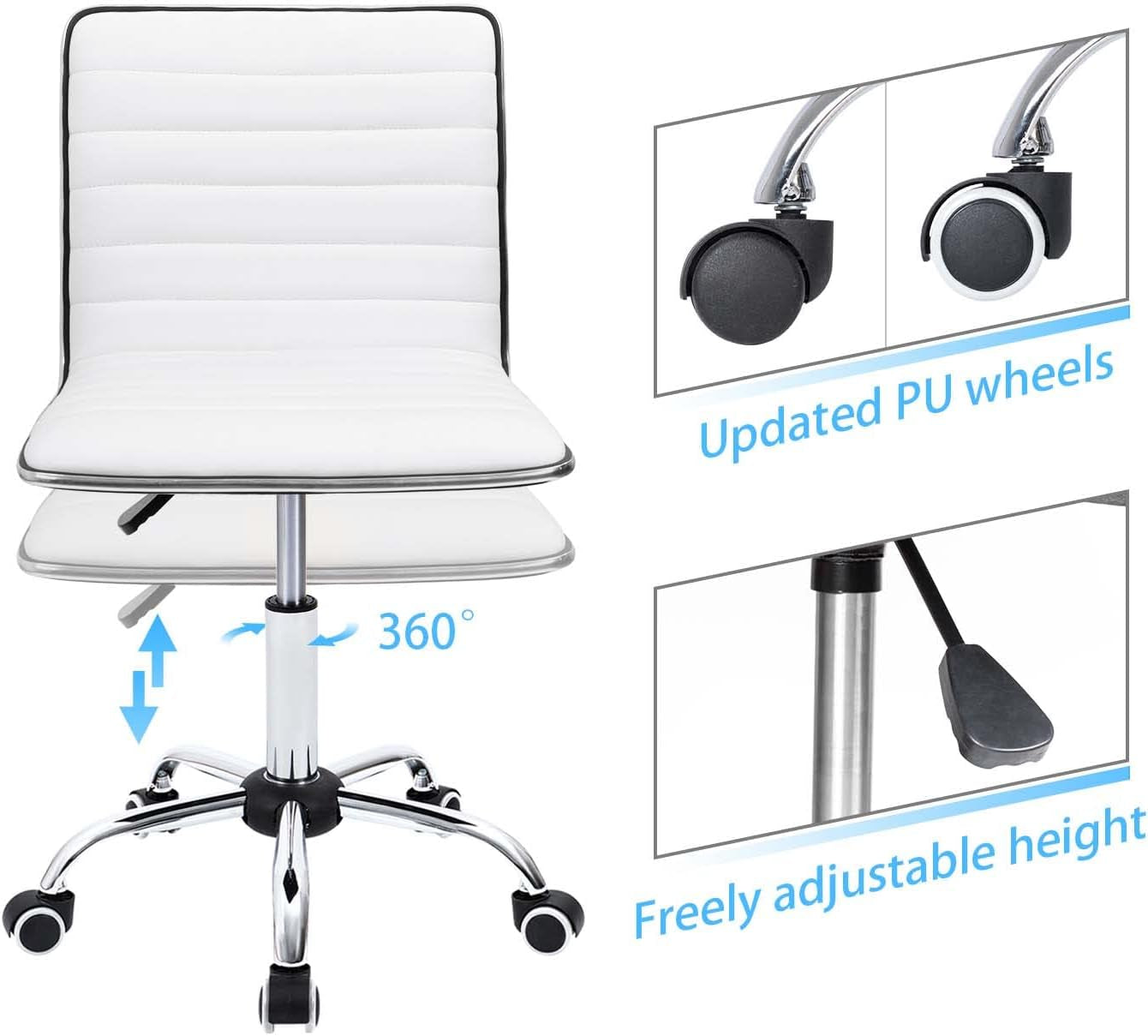 Mid Back Vanity Chair White PU Leather Swivel Office Chair