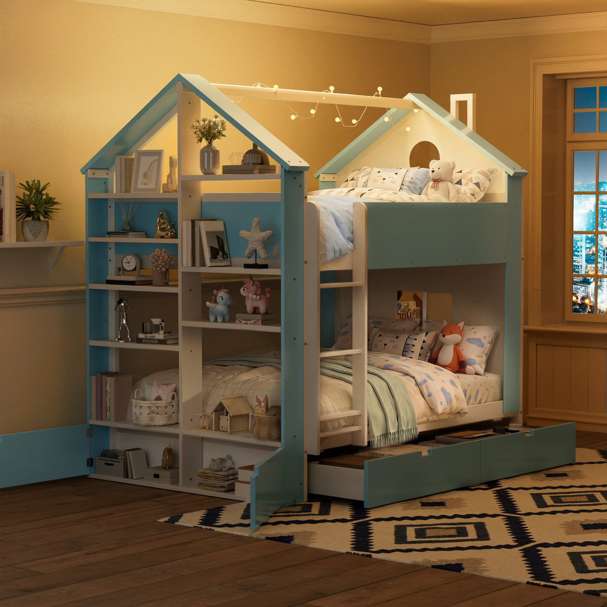Full Size Bunk Bed with Storage Drawers & Shelves