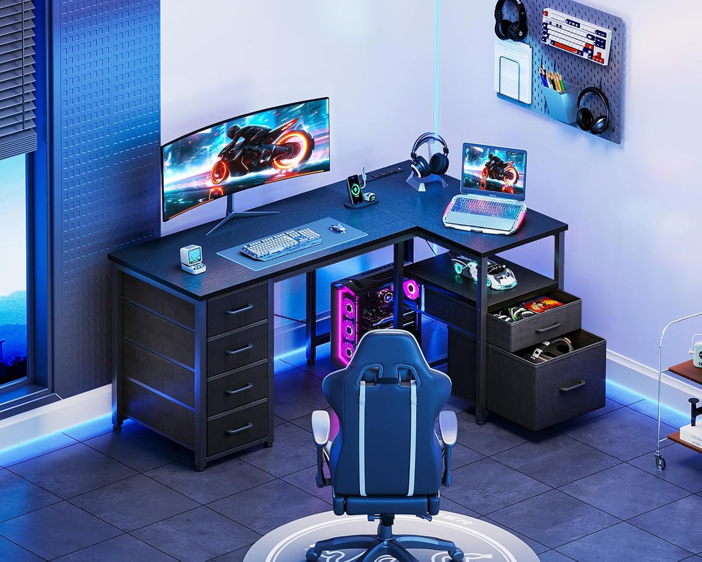 L Shaped Computer Desk 55 Inch With 6 Drawers Home Office