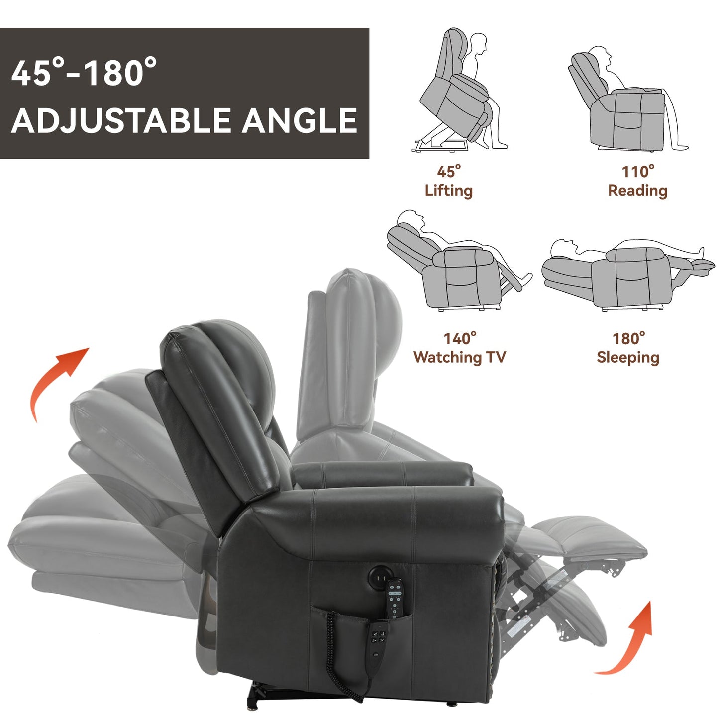 Power Lift Recliner Chair Heat Massage Dual Motor Infinite Position Up to 350 LBS, Faux Leather, Heavy Duty Motion Mechanism with USB Ports, Grey