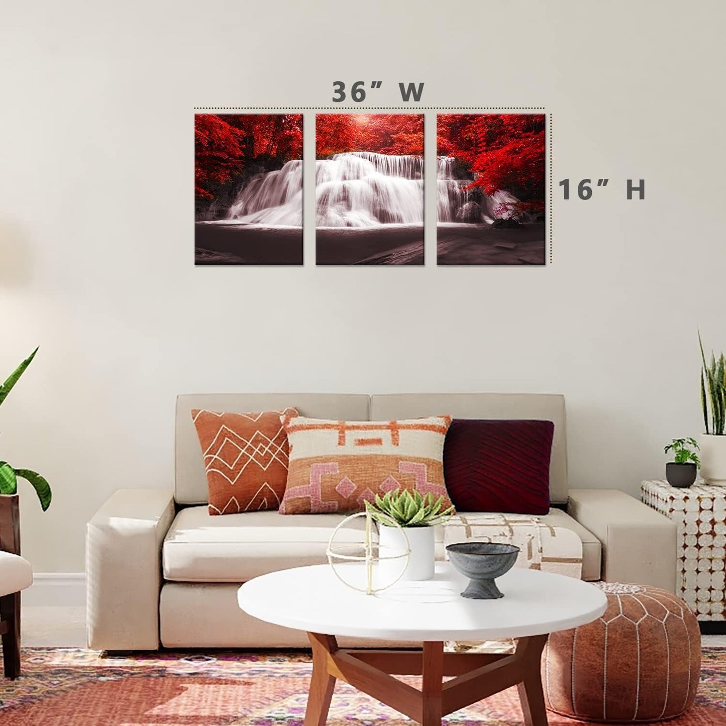 Stunning 3-Piece Canvas Wall Art - Black, White, and Red Waterfall Landscape with Red Trees, Perfect for Home or Office Décor (12x16 inches each)
