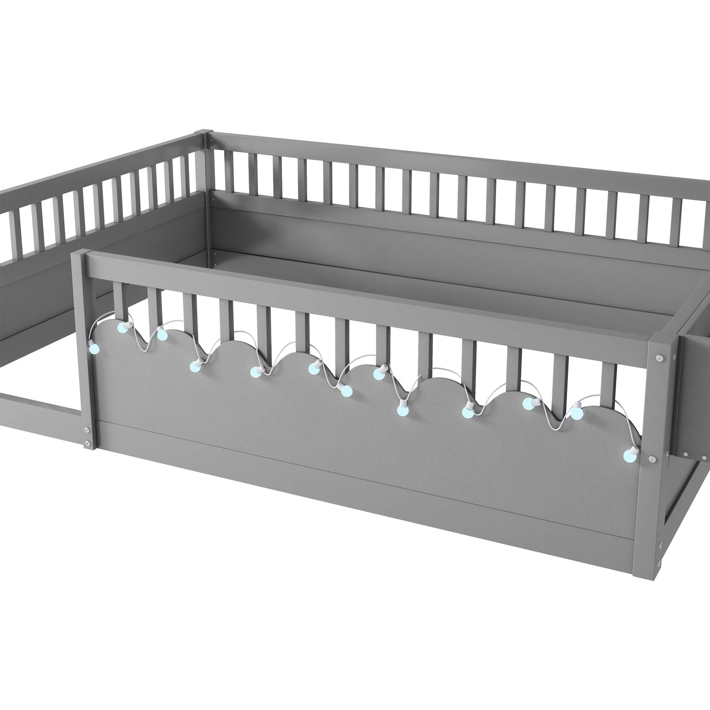 Full Montessori Floor Bed Frame with High Rails, Wood Kids Floor Beds with Light and Storage Shelf, Gray(Expect Arrival Date 2025/8/15)