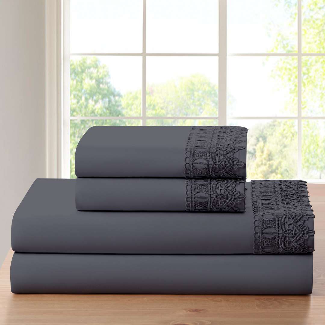 Bamboo Lace Crochet Embroidery 4 Piece Sheet Set