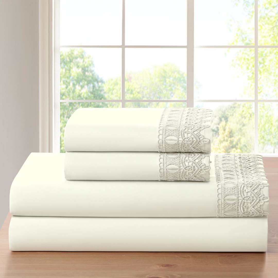 Bamboo Lace Crochet Embroidery 4 Piece Sheet Set
