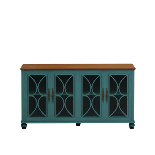 Elegant European Antique Style 4-Door Cabinet with Tempered Glass Doors