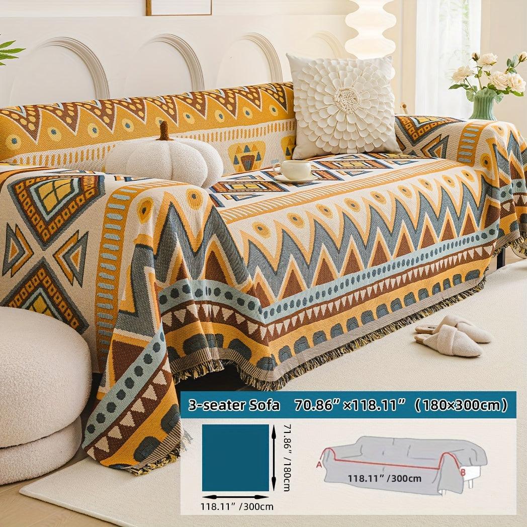 Boho Chic Double-sided Chenille Sofa Cover with Tassels - All-Season