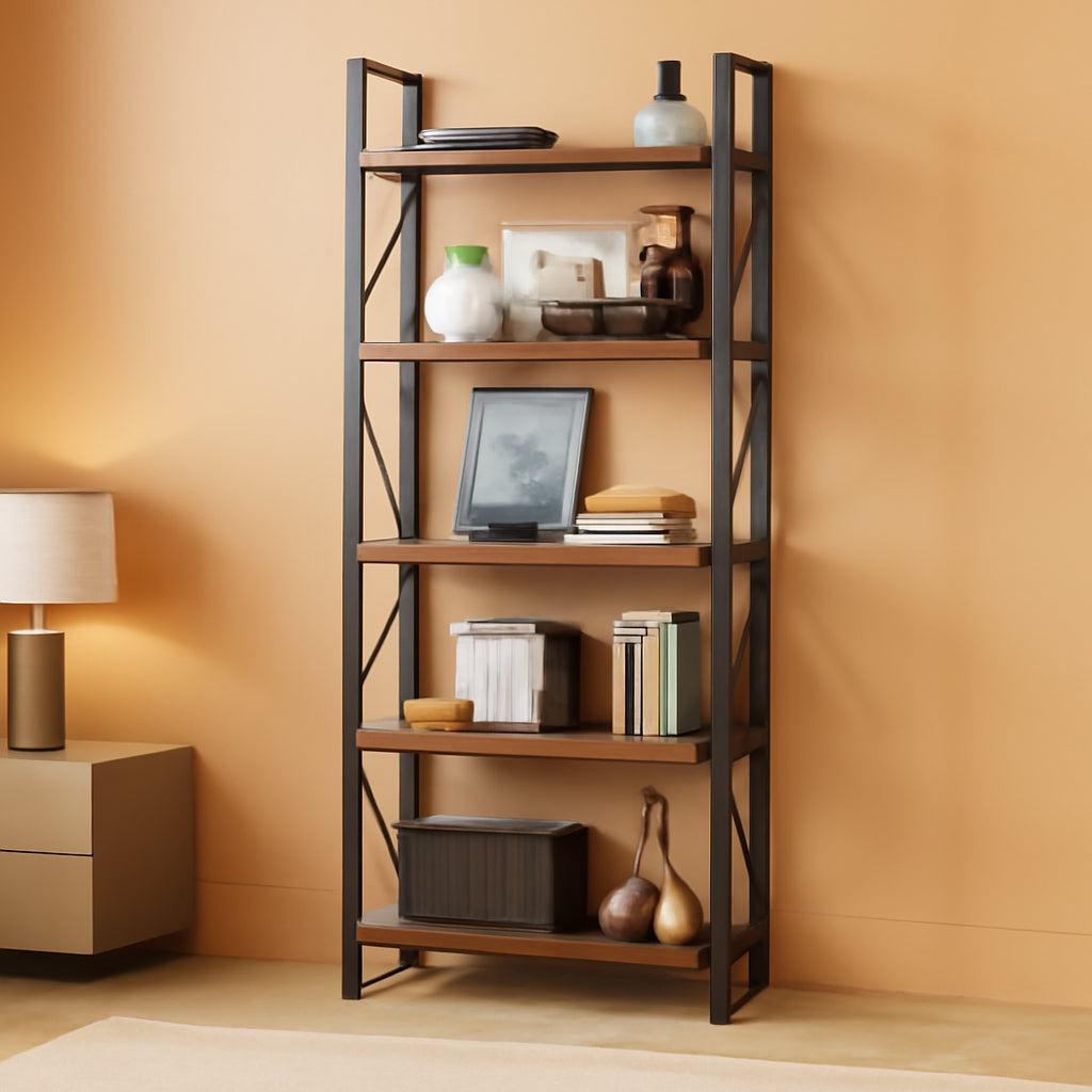 5 Tier Bookshelf Rustic Brown Tall Bookcase For Home Office