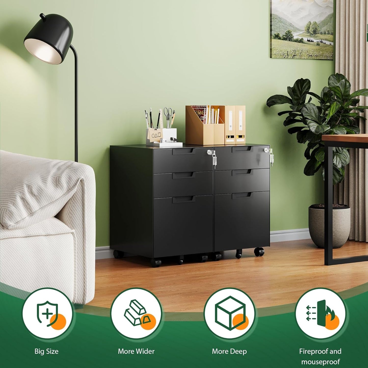 3 Drawer Mobile File Cabinet With Lock In Black Metal Under Desk Organizer For Letters Legal A4