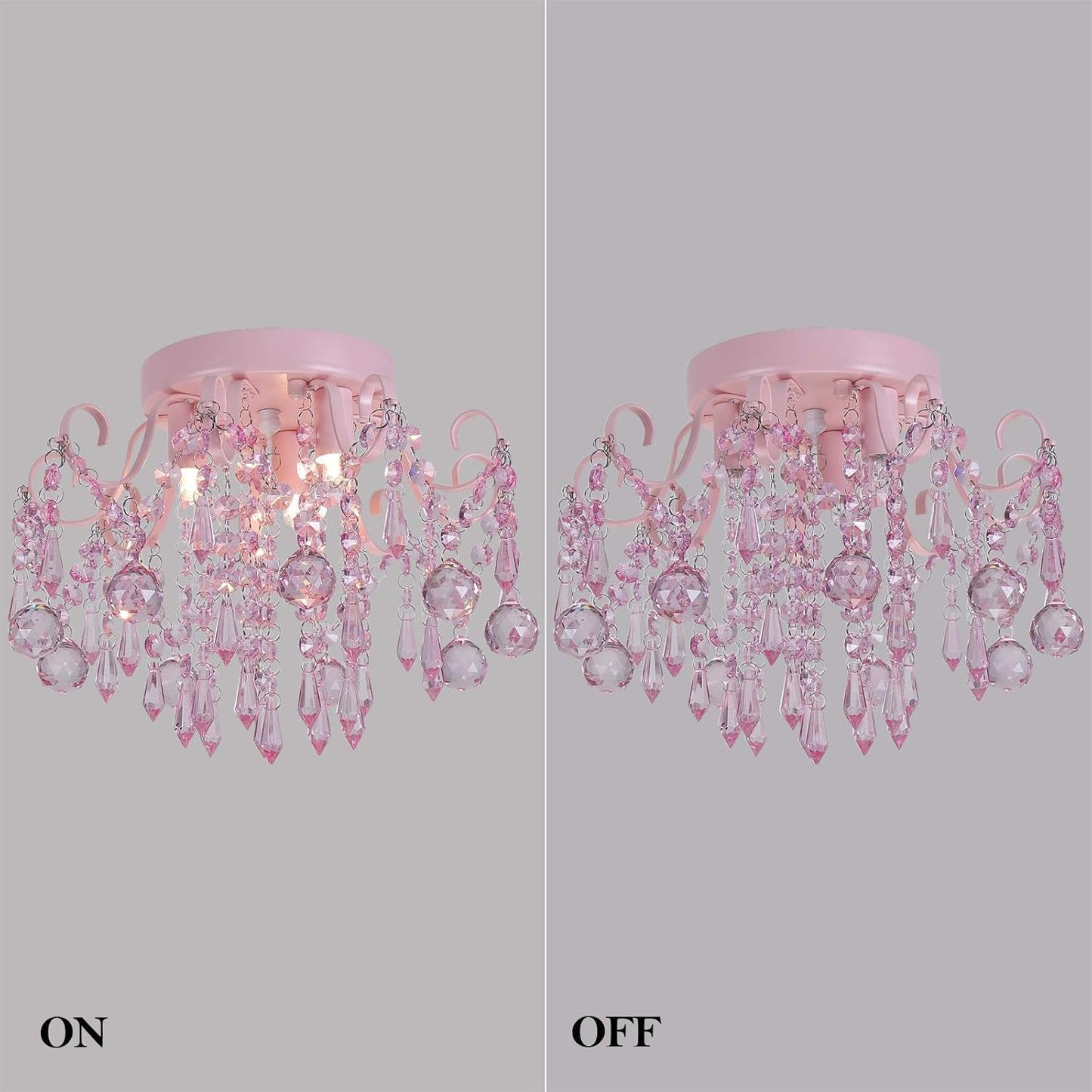 Pink Crystal Mini Chandelier 3 Light Semi Flush Mount illuminated and off, showcasing crystal accents and soft pink glow.