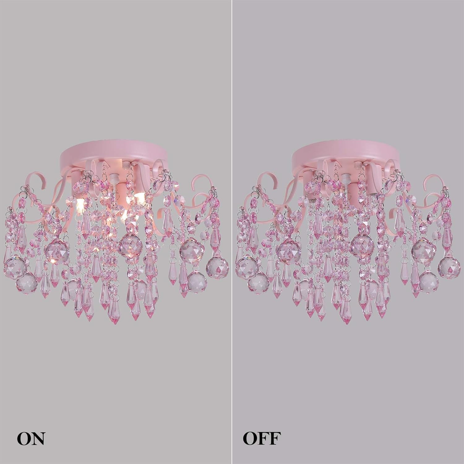 Pink Crystal Mini Chandelier 3 Light Semi Flush Mount illuminated and off, showcasing crystal accents and soft pink glow.