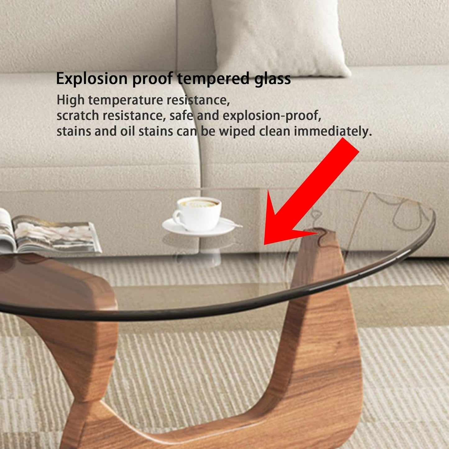 Walnut Clear Glass Oval Coffee Table Diameter 32.68 Inch