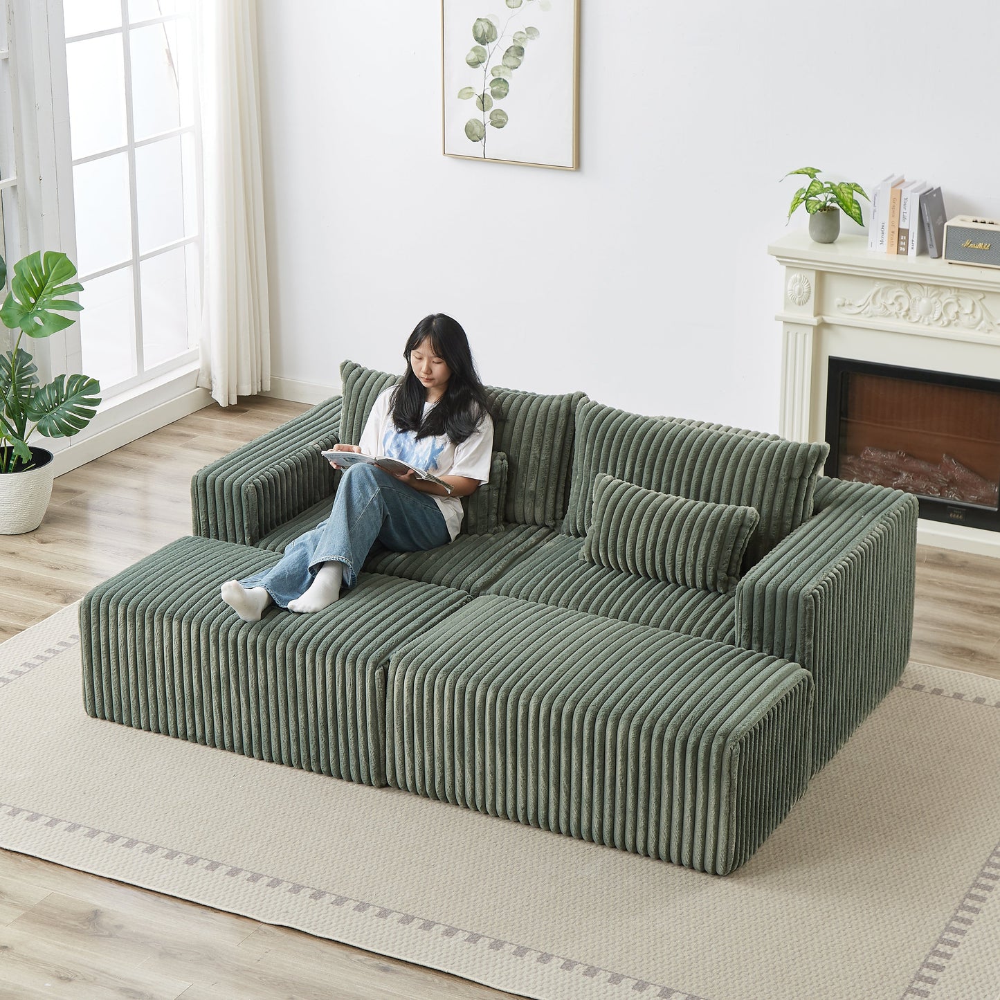 87' Oversized Sectional Lounge Chaise with Plush Corduroy Fabric