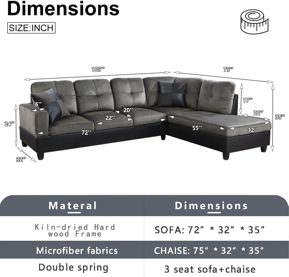 Two Piece L Shape Sectional Sofa Set With Chaise In Taupe Microfiber Right Hand Facing Living Room Furniture