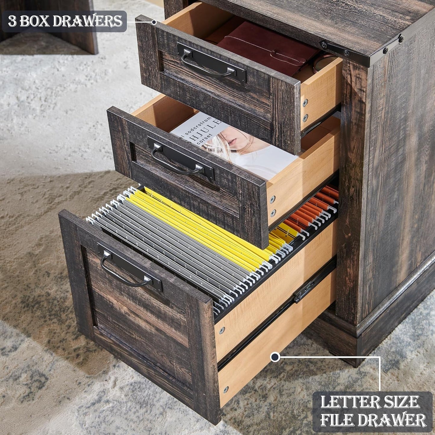 60In Farmhouse L Shaped Desk With Drawers Charging Oak