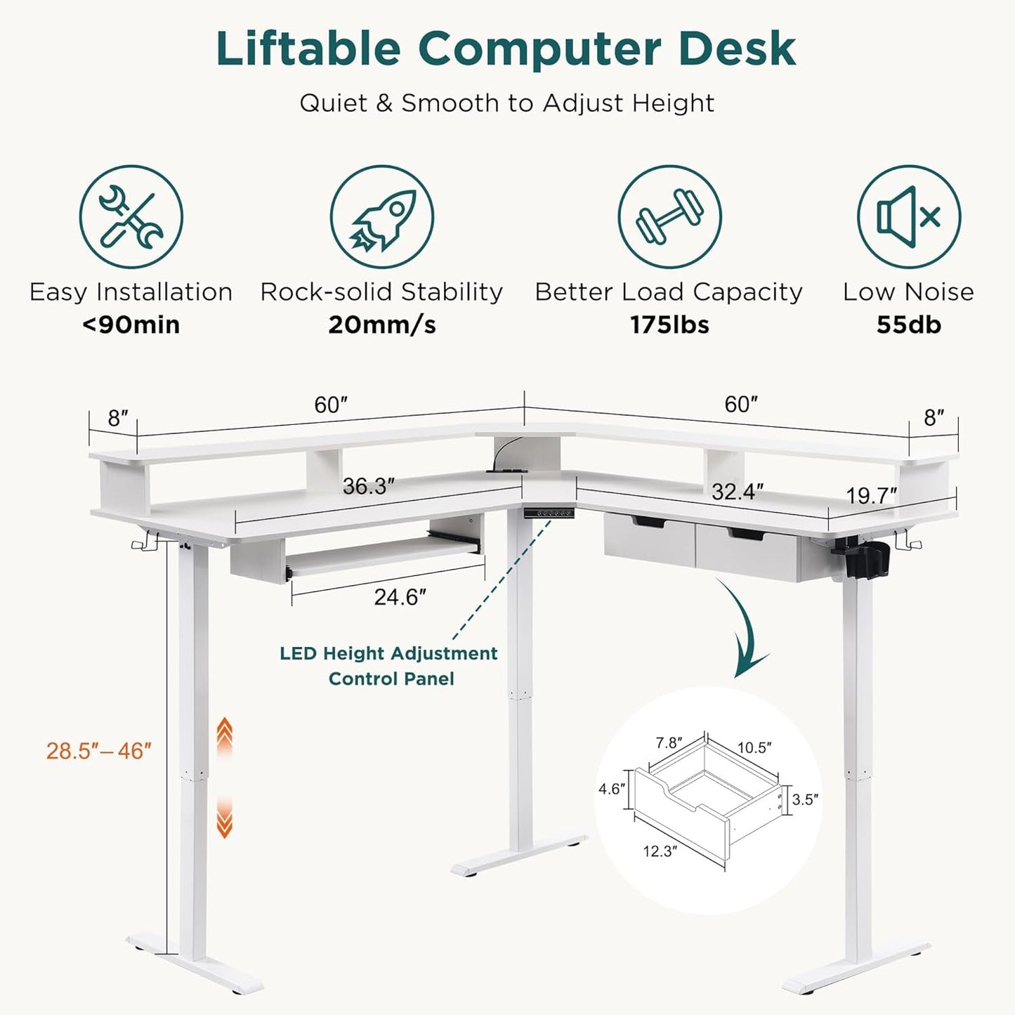 60 Inch L Shaped Electric Standing Desk Antique White