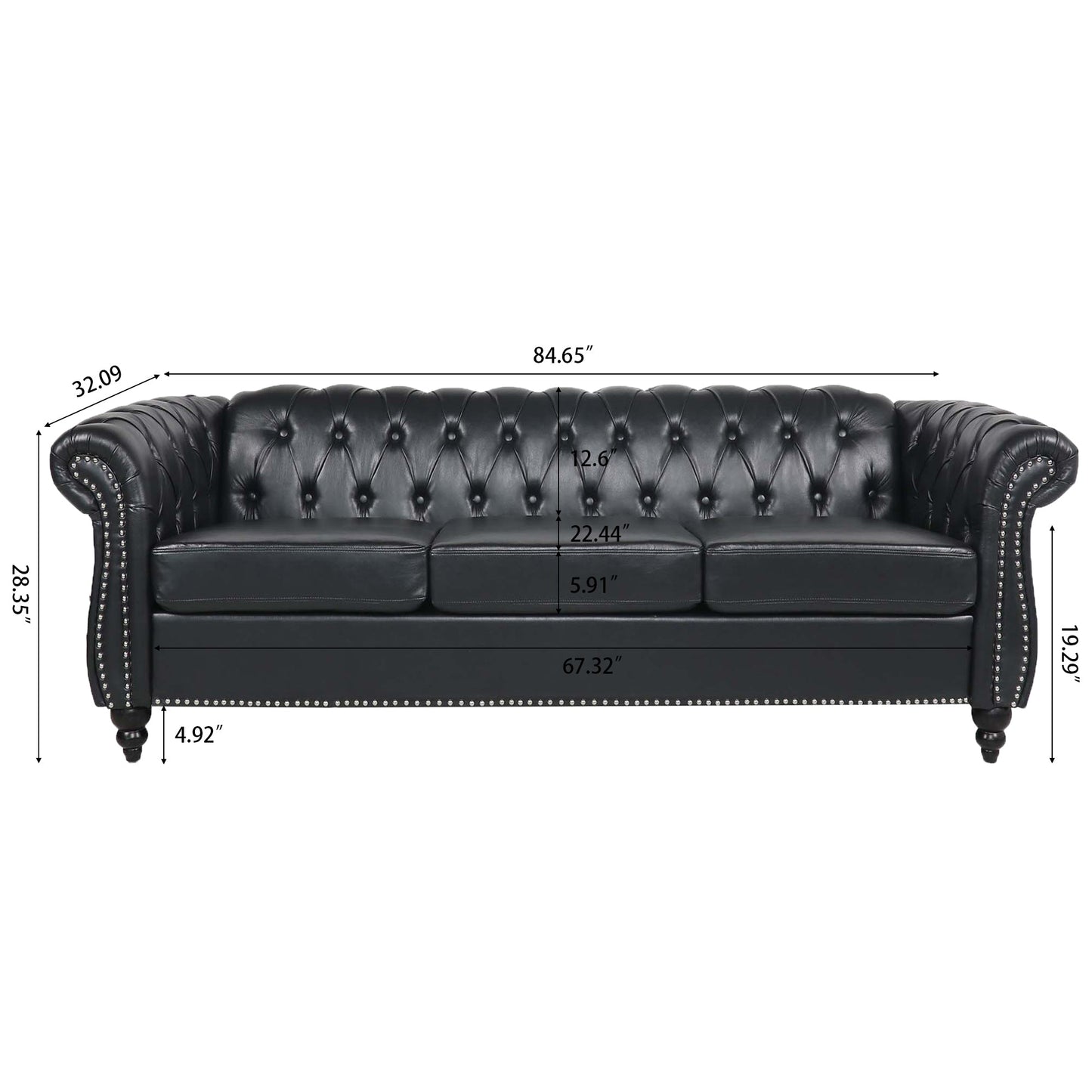 84.65" BLACK PU Rolled Arm Chesterfield Three Seater Sofa