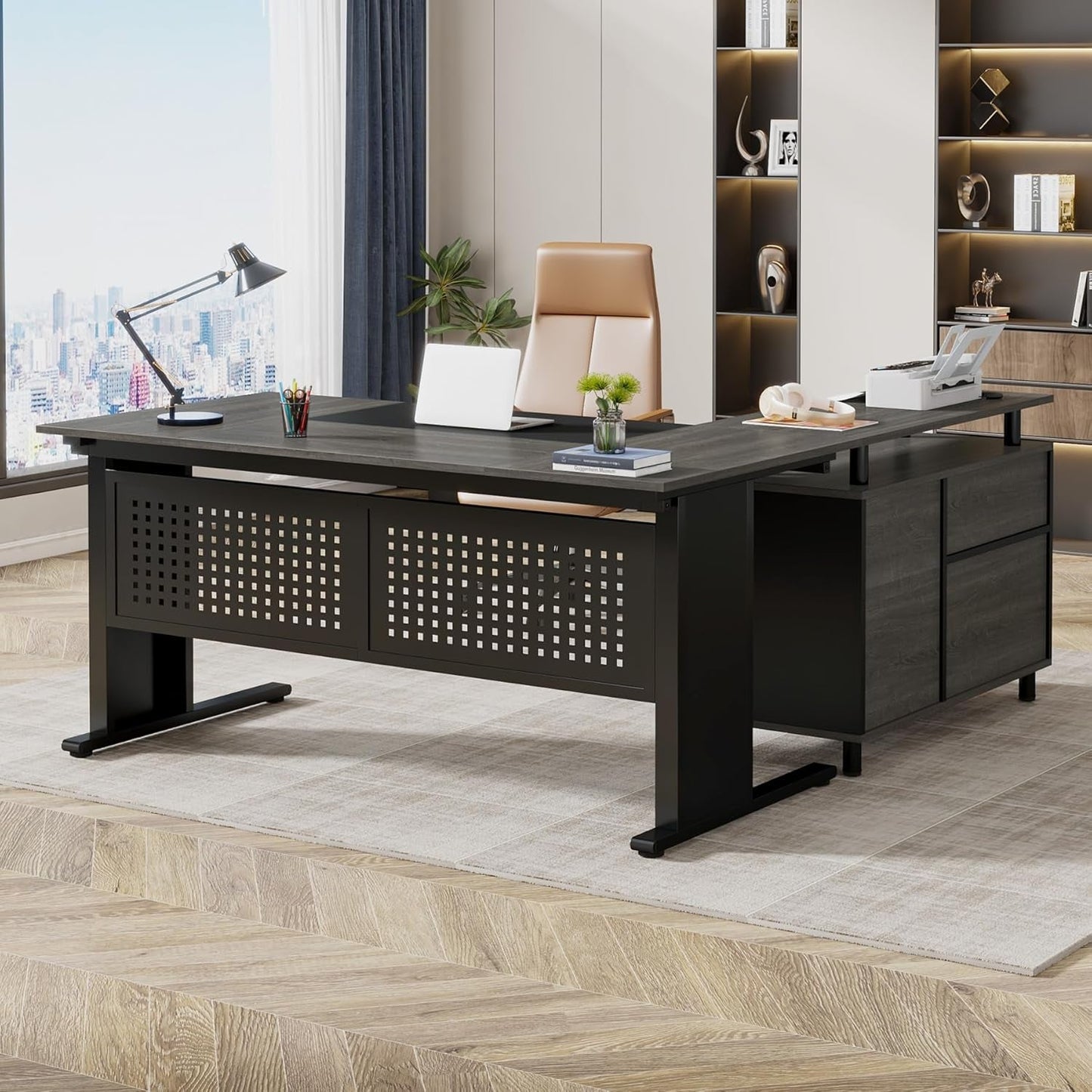 63 Inch Executive Desk With Integrated Cabinet Gray